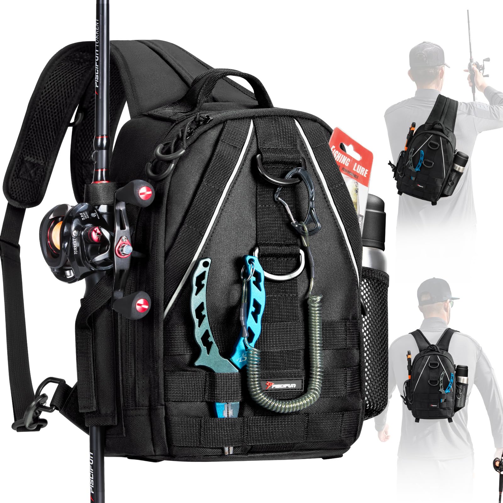 Piscifun Fishing Backpack, Rod Holders, Lightweight Sling Bag, Black
