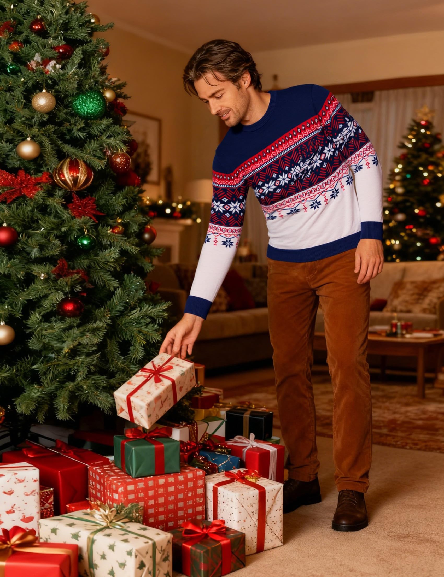 Maglione Natalizio Uomo Maniche Lunghe Girocollo Motivo Renna | Tessuto Morbido, Maniche Lunghe, Lavorazione a Maglia, Calore Confortevole, Vestibilità Regolare, Autunno e Inverno