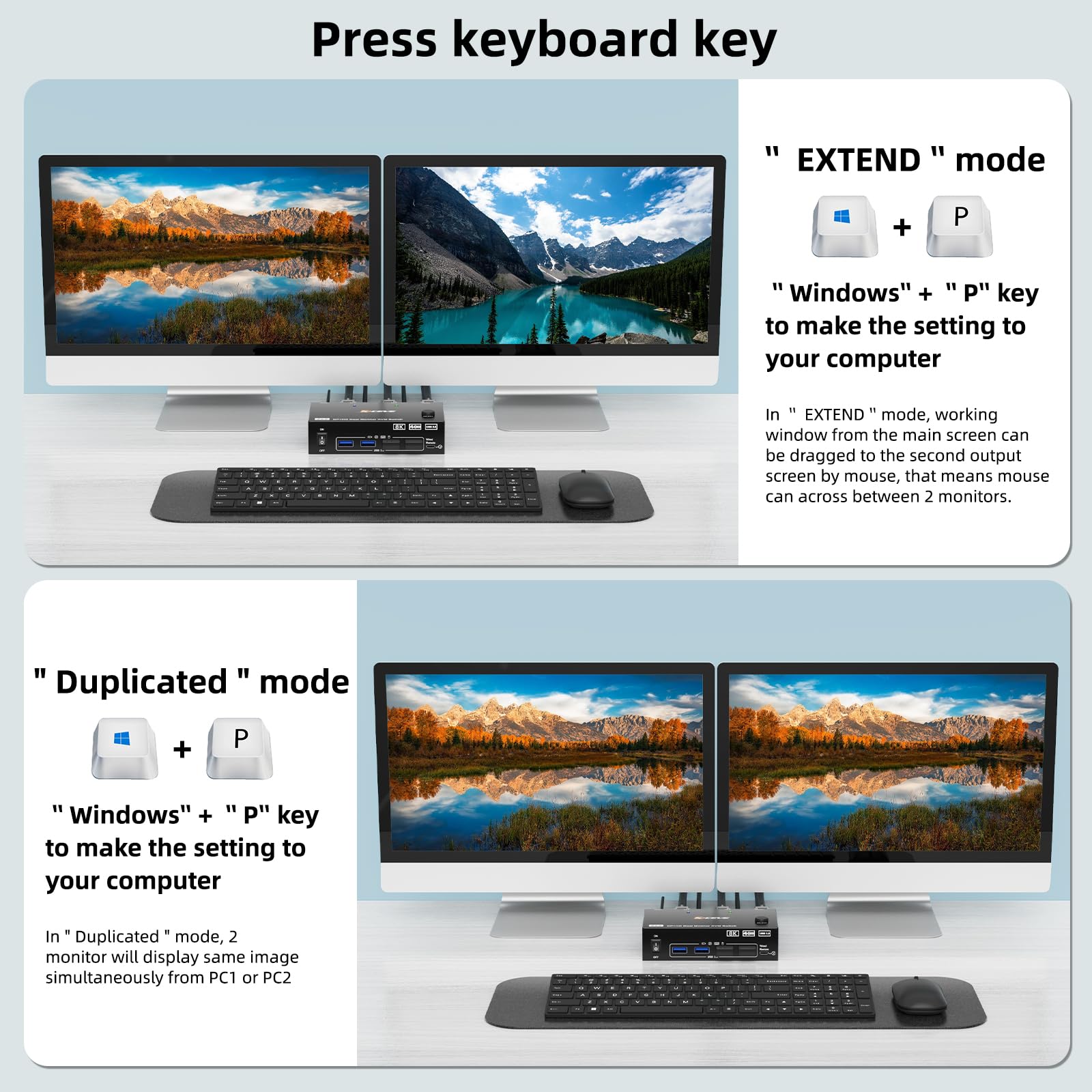 KVM Switch 2 Monitor 2 PC 8K, DisplayPort + HDMI USB 3.0 KVM Commutatore per due monitor, supporta 8K@60Hz, 4K@120Hz per 2 computer che condividono tastiera, mouse e monitor