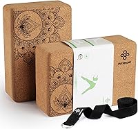 Overmont Cork Yoga Blocks 2-Pack with 8ft Strap - Eco-Friendly High-Density Natural Cork Bricks for Yoga Pilates Stretching 9x6x3"