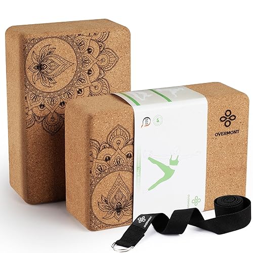 Overmont Cork Yoga Blocks 2 pack with Strap Set Natural Cork Yoga Bricks- High Density & Non-Slip Yoga Accessories for Women - Ideal for Yoga Pilates Fitness and Stretching 9x6x3''