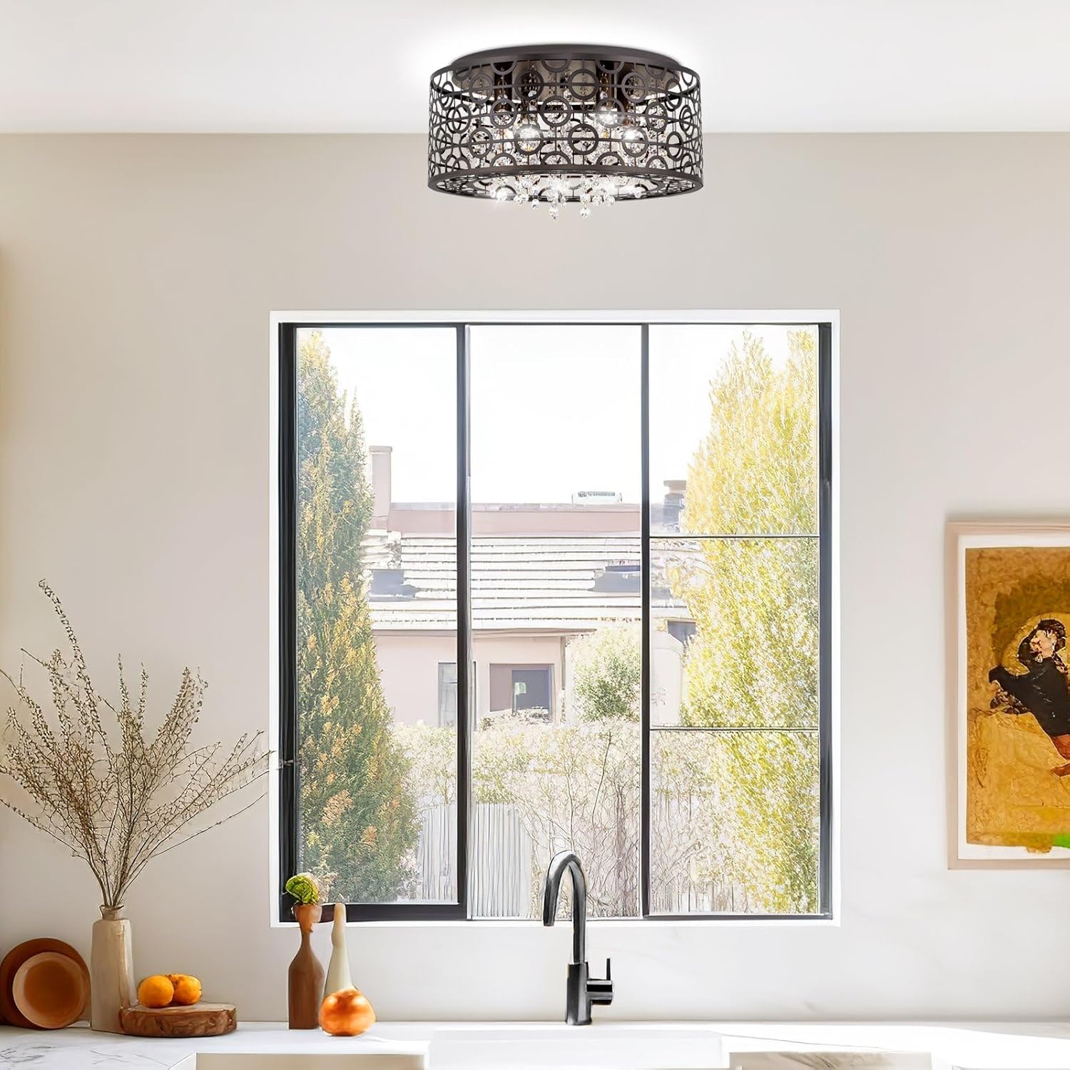 Kira Home Brielle 15" Modern Chic 4-Light Crystal Flush Mount Chandelier + Round Metal Shade, Dimmable, Oil Rubbed Bronze Finish - Includes Blemishes and Inconsistencies