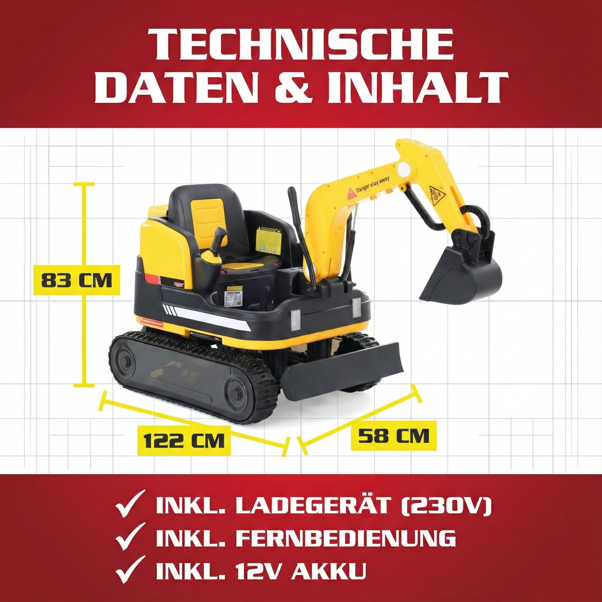 HECHT Elektro Kinderbagger 12V ab 3 Jahre bis 30 kg | Elektrischer Aufsitzbagger zum Draufsitzen, mit Fernbedienung, 2x50W Motor, Schaufel und Sound