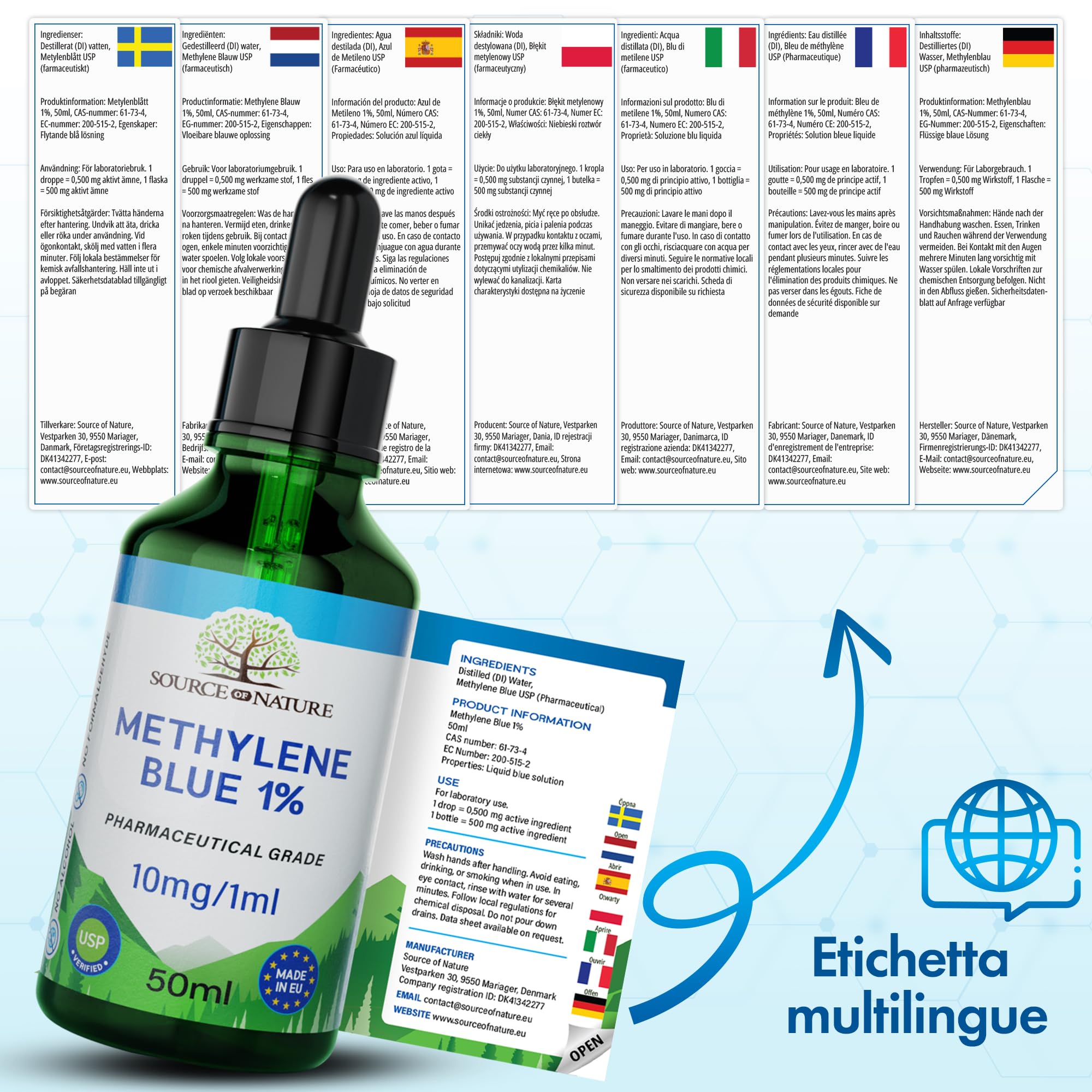 Blu di Metilene (Metilene Blu) 1% Soluzione | 50 ml Flacone con Pipetta | Qualità Farmaceutica USP | Alta Purezza | Senza Alcol e Formaldeide | Vetro Scuro Protettivo