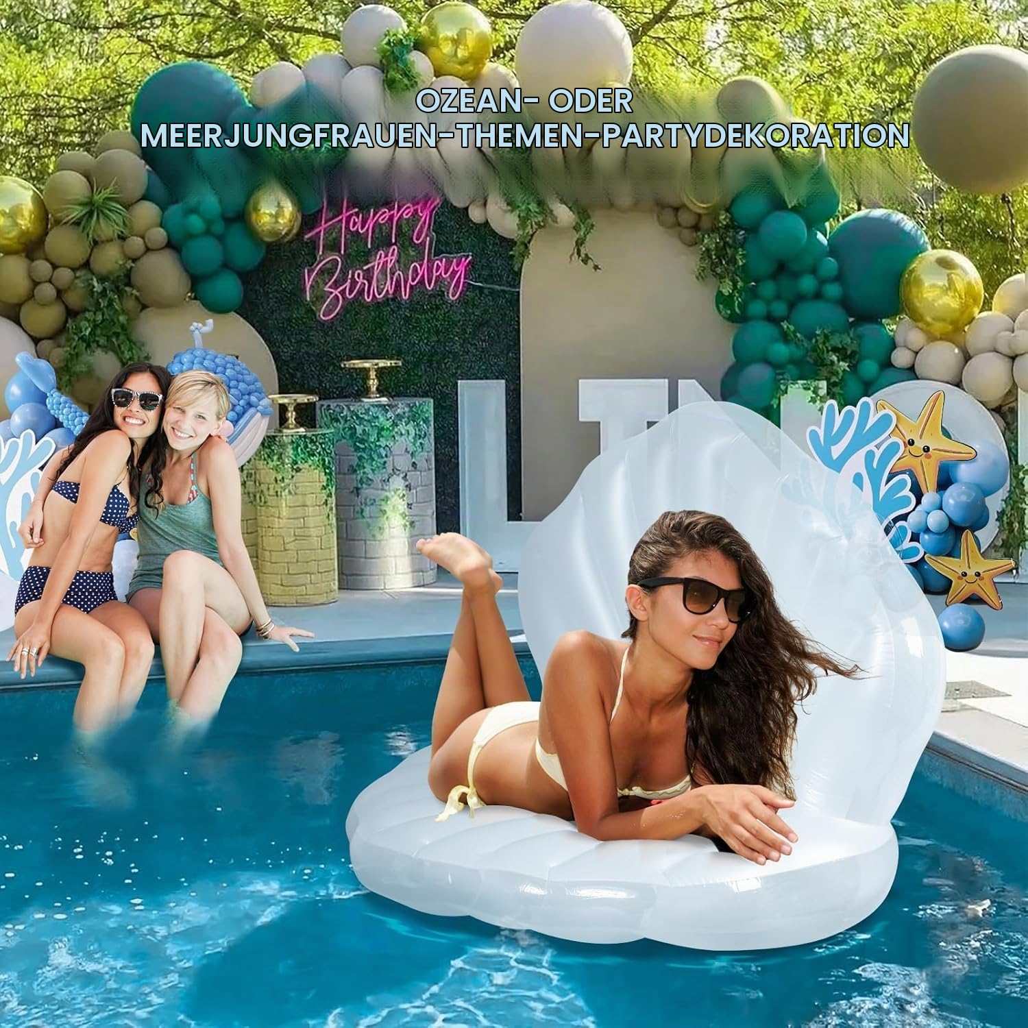 Aufblasbare Muschel Luftmatratze mit Perlenball, Riesiger Muschel-Pool-Schwimmer & Loungesessel, Premium Schwimmbett für Erwachsene, Wasserspielzeug für Strandparty & Pool