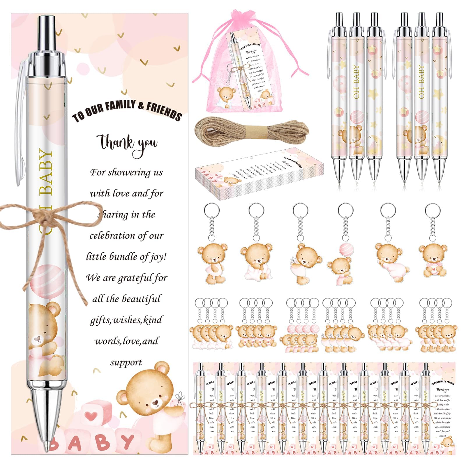 Bolígrafos y llaveros de oso rosa para recuerdos de baby shower y tarjetas, 145 uds 7