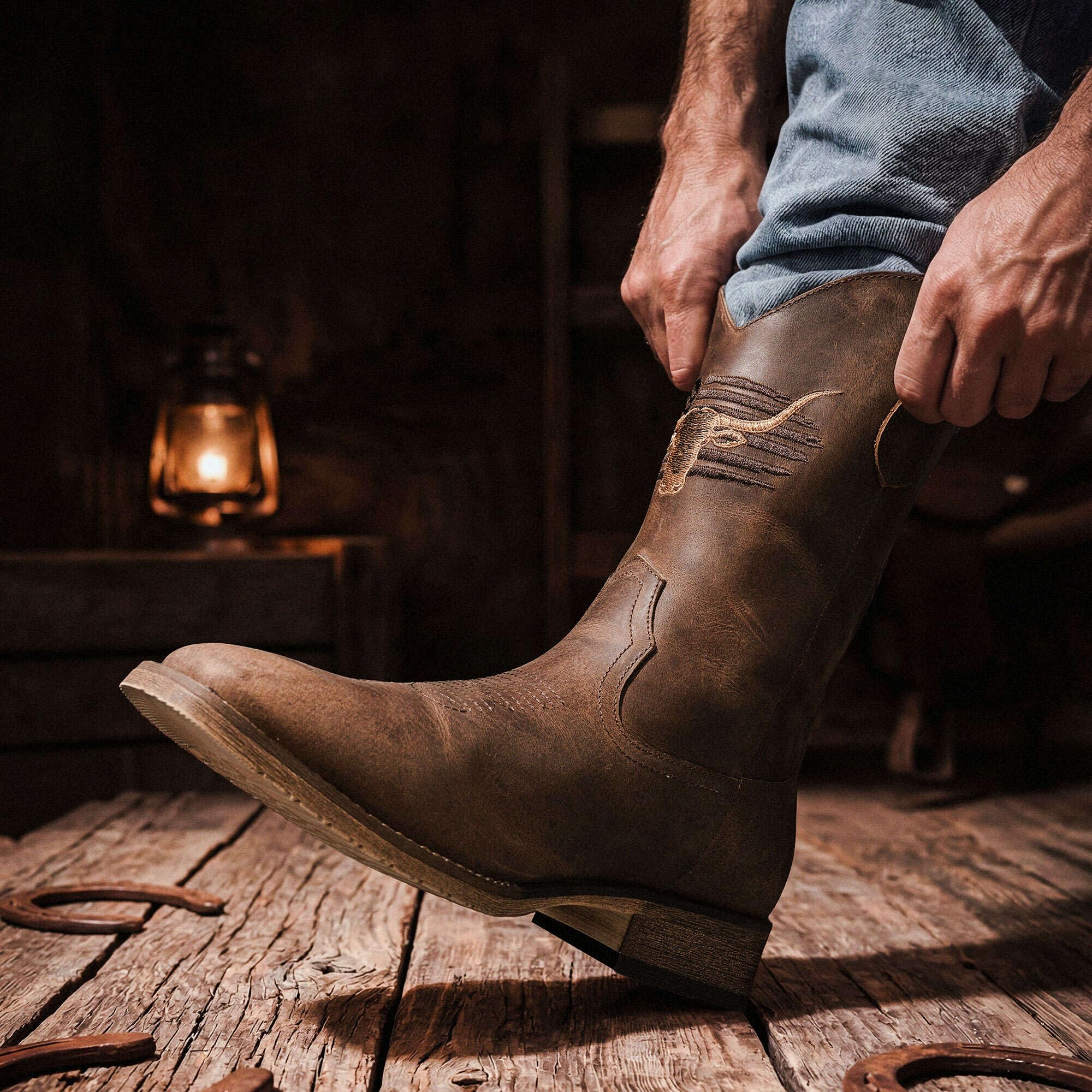 Cowboystiefel für Herren, quadratischer Zehenbereich, Westernstiefel, vegan/echtes Leder mit klassischem Patriot-Stiefel, rutschfest, Landhausstiefel, dicker Absatz, langlebig, kurze