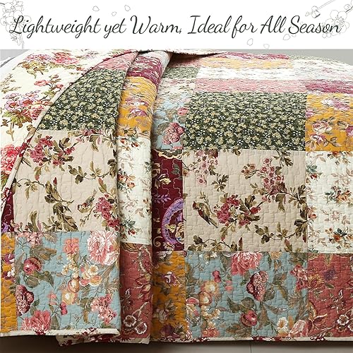 Vista 18 de Cozy Line Home Fashions Juego de ropa de cama reversible de 100% algodón, diseño de retazos rojos y flores a cuadros, colcha