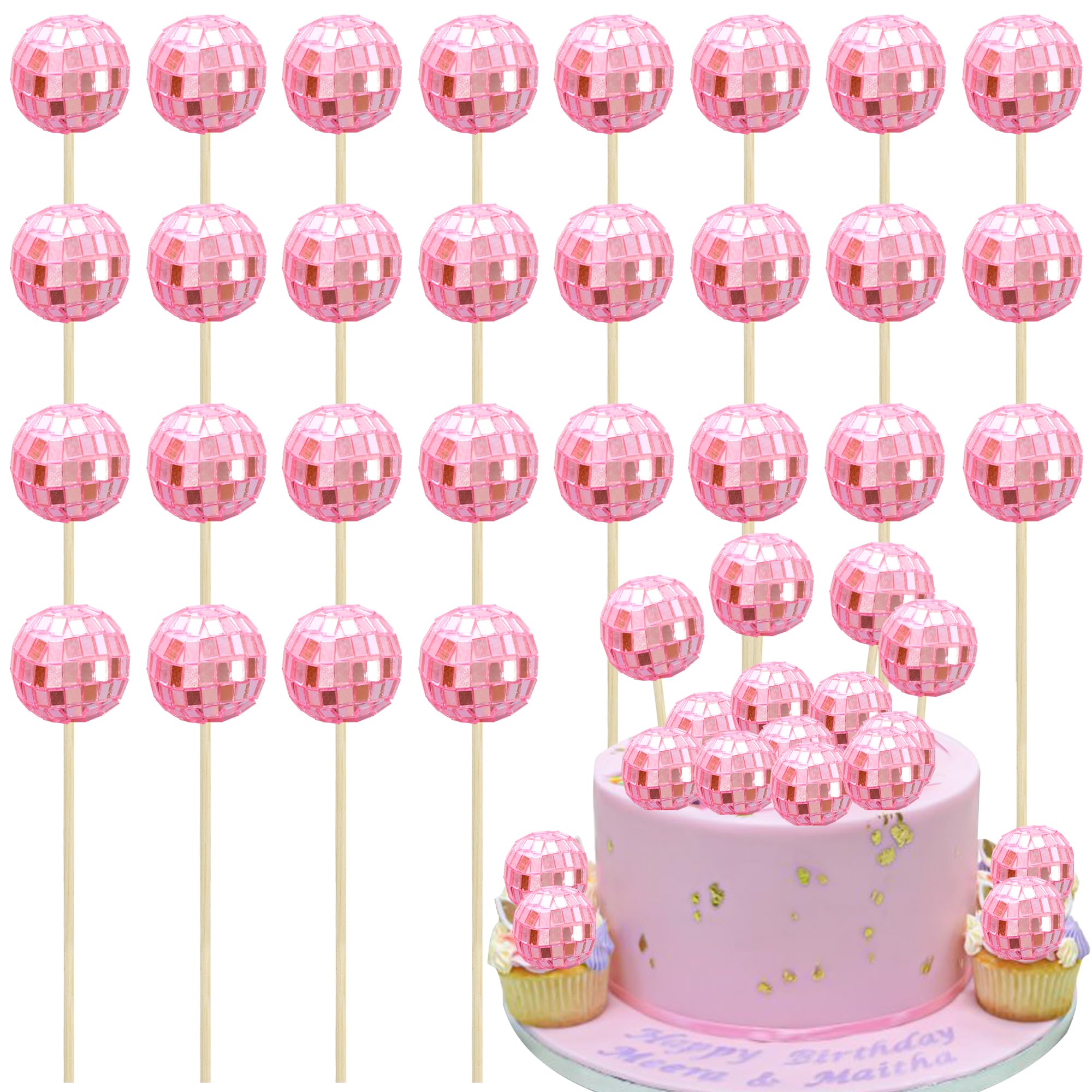 Ephlyn 24 Pcs Pink Disco Ball Cupcake Toppers - Reflective Mirror Ball Cake Toppers & Table Decorations for 70s Disco Theme Birthday Party & Christmas