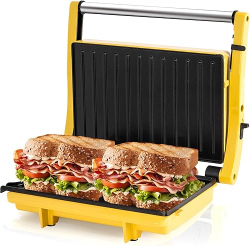 SUSTEAS Parrilla eléctrica 3 en 1 para interiores, prensa Panini con platos de cocción antiadherentes, abre sándwiches gourmet de 180 grados,
