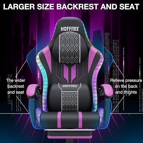 Miniatura 6 de HOFFREE Silla LED para juegos de masaje con altavoces, silla de videojuegos grande y alta con reposapiés para 400 libras reclinable, respaldo alto
