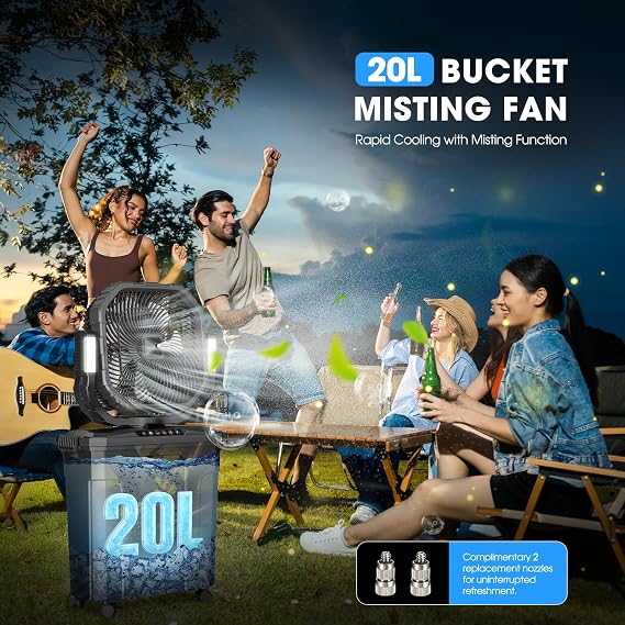 Ausic 5 Gal 12 Portable Misting Fan for Outside Patios, Max 62H Outdoor Rechargeable Battery Oscillating Fan with Remote, Cooling Dugout Water Fan with Caster/LED Light/Timer, Camping Essential