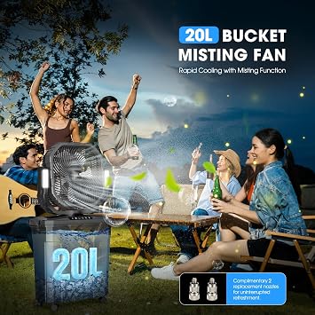 Ausic 5 Gal 12 Portable Misting Fan for Outside Patios, Max 62H Outdoor Rechargeable Battery Oscillating Fan with Remote, Cooling Dugout Water Fan with Caster/LED Light/Timer, Camping Essential