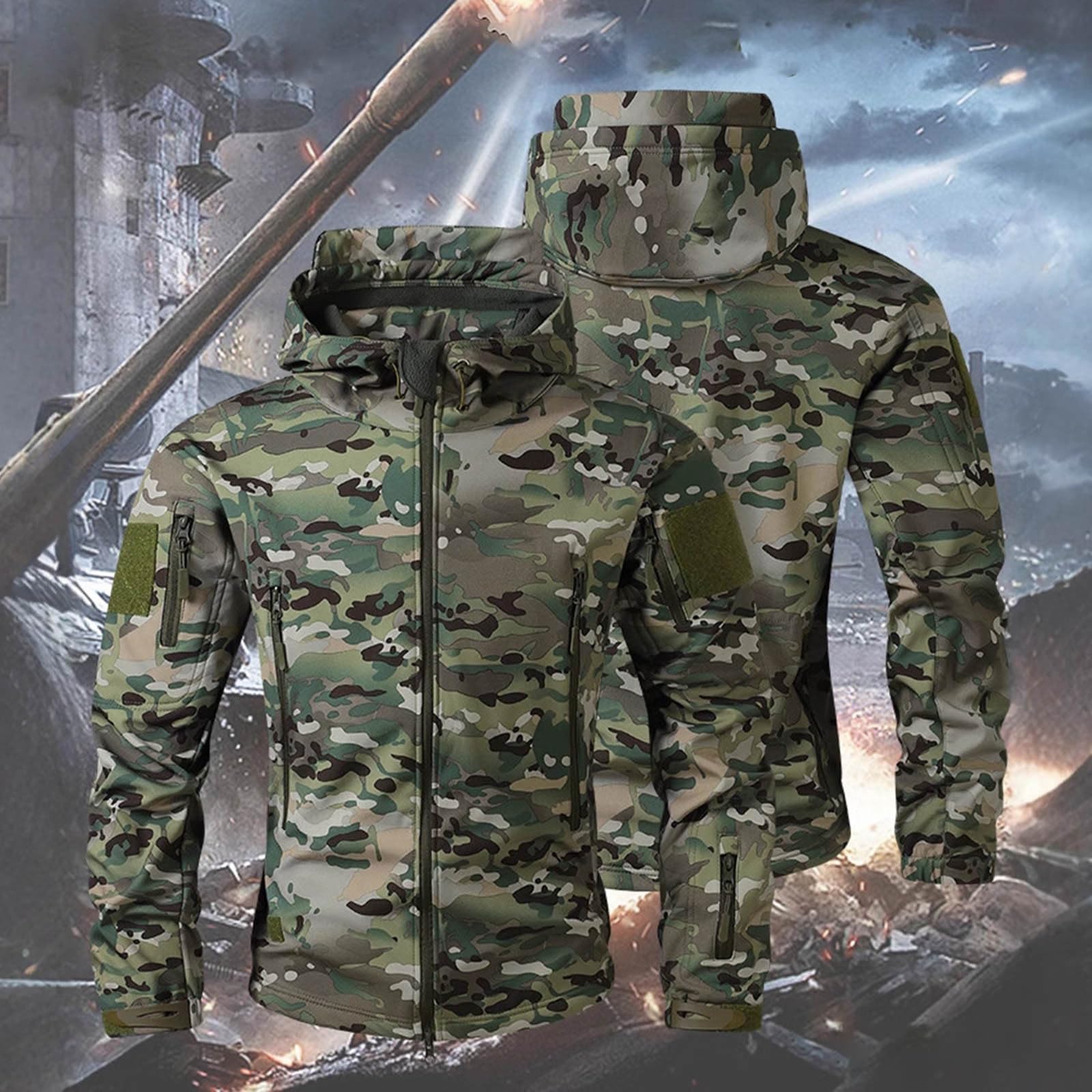 Airsoft Veste de pluie militaire pour homme - Veste d'hiver imperméable - Veste polaire - Veste de chasse - Camouflage - Veste softshell doublée - Camo - Sweat à capuche d'extérieur chaud