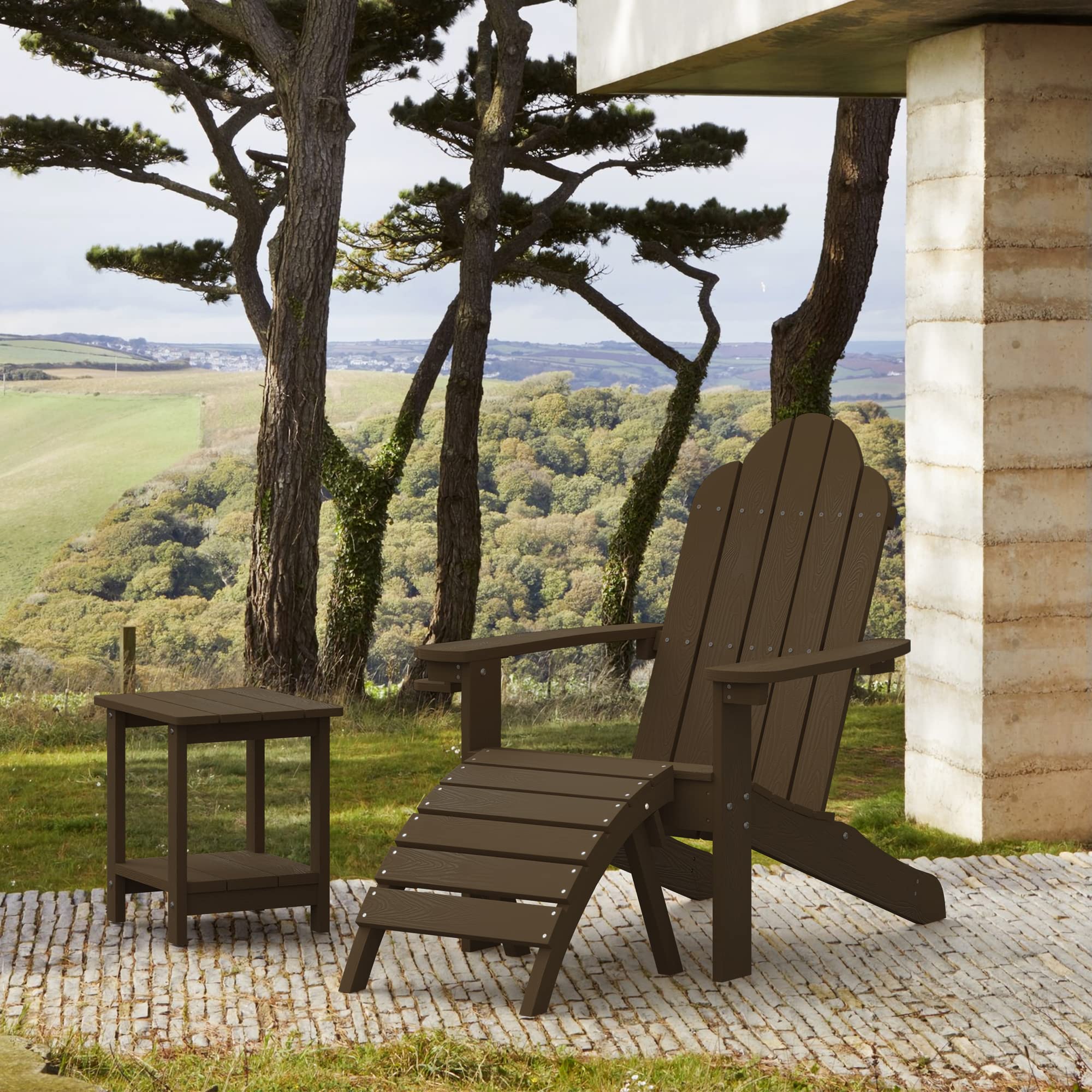 LUE BONA Adirondack Stuh 2er Set,Wetterfester Adirondack Chair aus Kunststoff,mit Becherhalter,Moderner Kunststoffstuhl für Terrasse,Garten,89 x 76 x 92cm,Tragfähigkeit 180kg,Kaffeebraun
