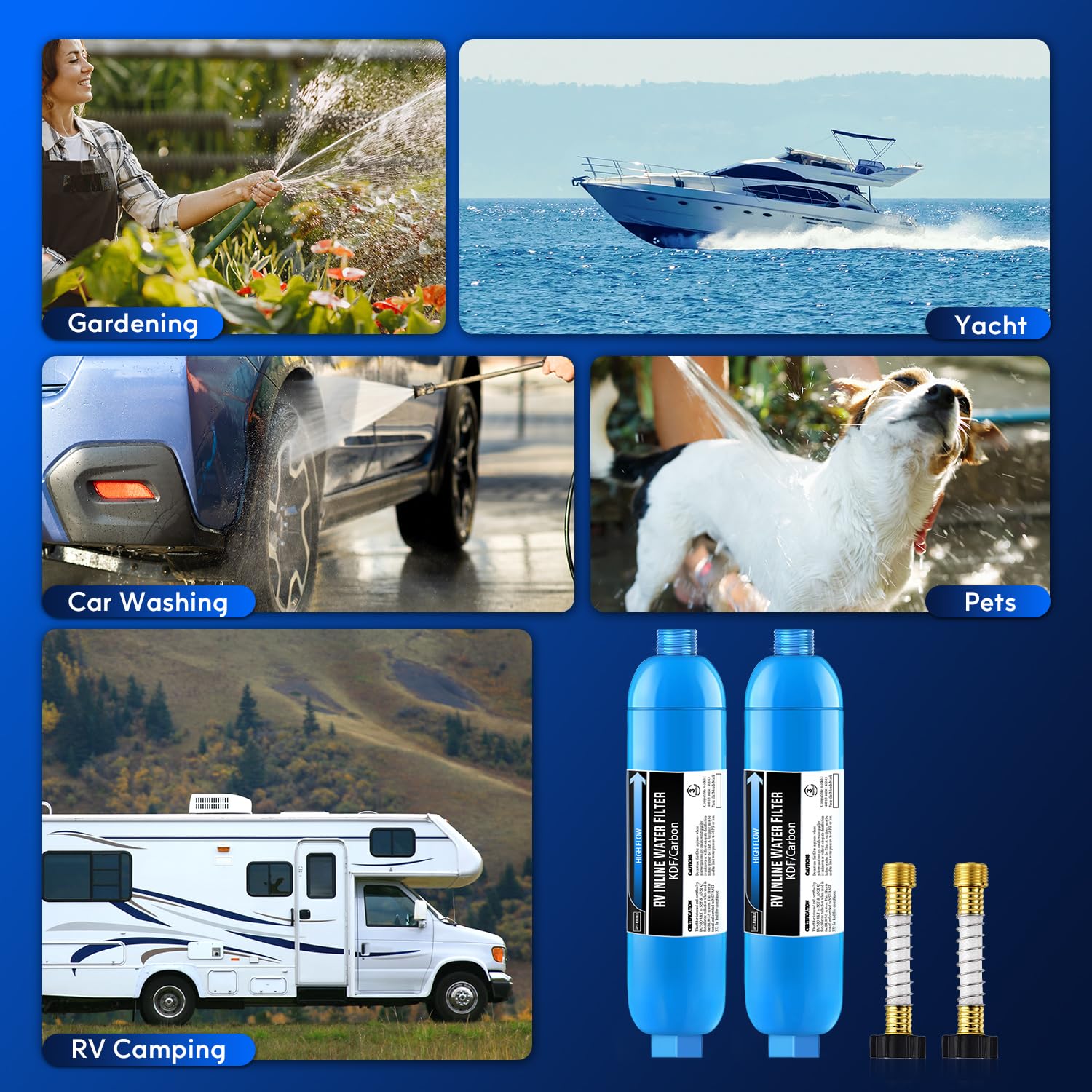 Filtro de agua marino en línea para RV, reduce el cloro, el mal sabor, el olor para caravanas, certificado NSF con protector de manguera flexible, paquete de 2
