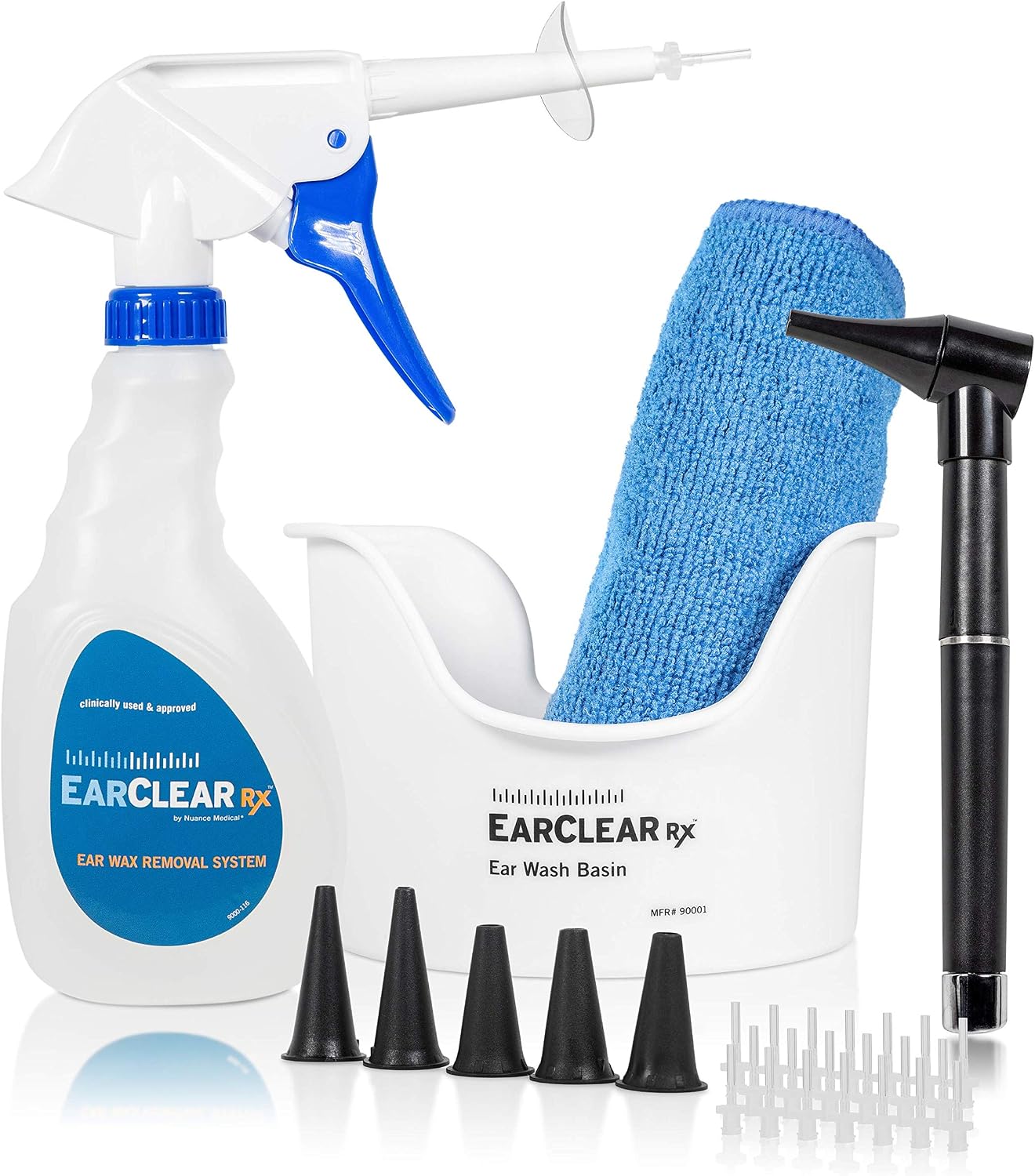Ear Washing Kit by Nuance Medical EarClear Rx - Rigid Tips for Self Ear Washing with Otoscope Penlight, Basin and 20 Disposable Tips and New Microfiber Towel