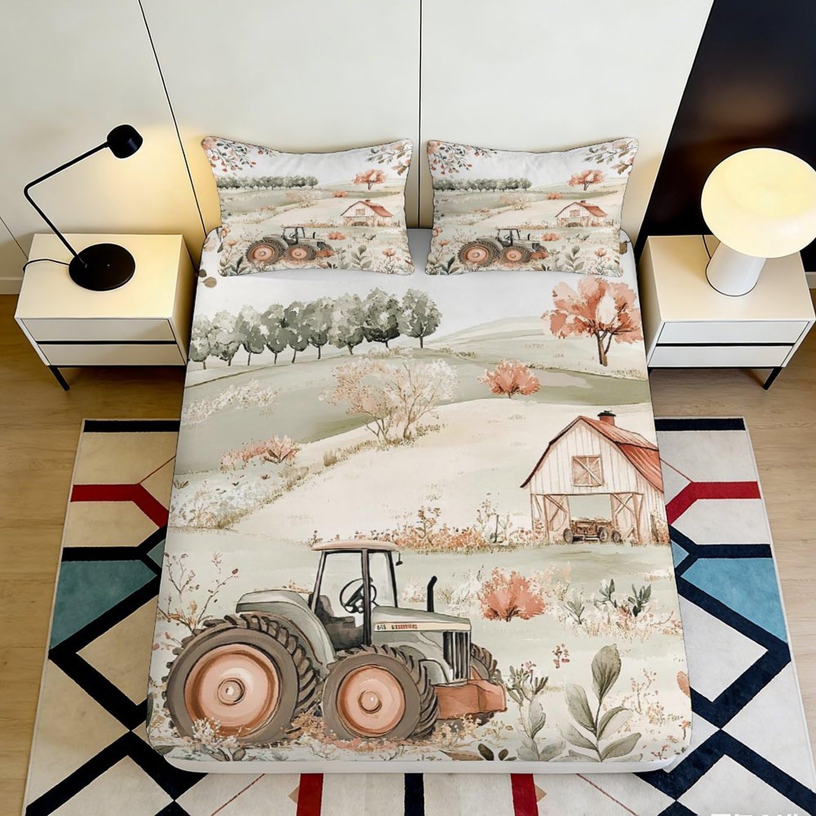 3D Printed Rustic Tractor Fitted Sheet Microfiber Durable 3D Printed Countryside Bed Cover for Bedroom Dormitory Guest Room Mattress Protection 180x200x25cm