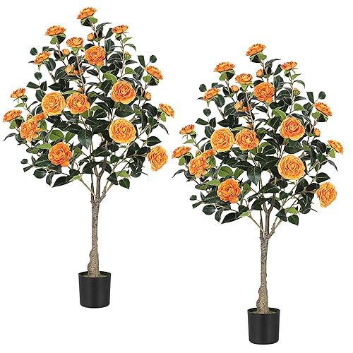 4FT Artificial Camellia Tree, 2 Pack Faux Camellia Plant with