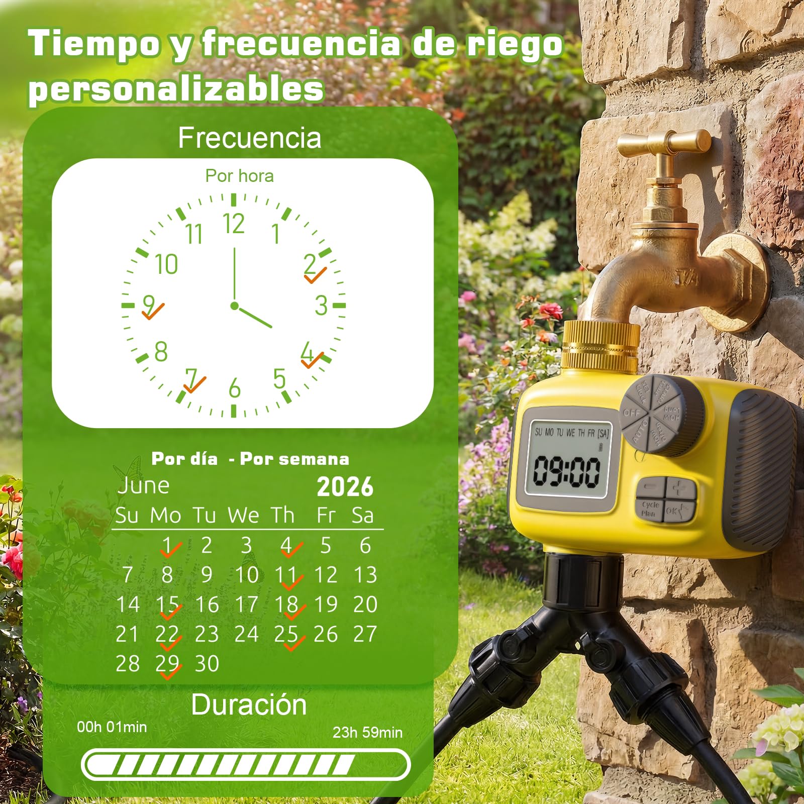 Kit Riego por Goteo con Programador Riego, 25M+25M Sistema de Riego por Goteo Accesorios Riego Goteo con Ajustable Boquilla Aspersor Pulverizador y Gotero Riego Automático para Jardín