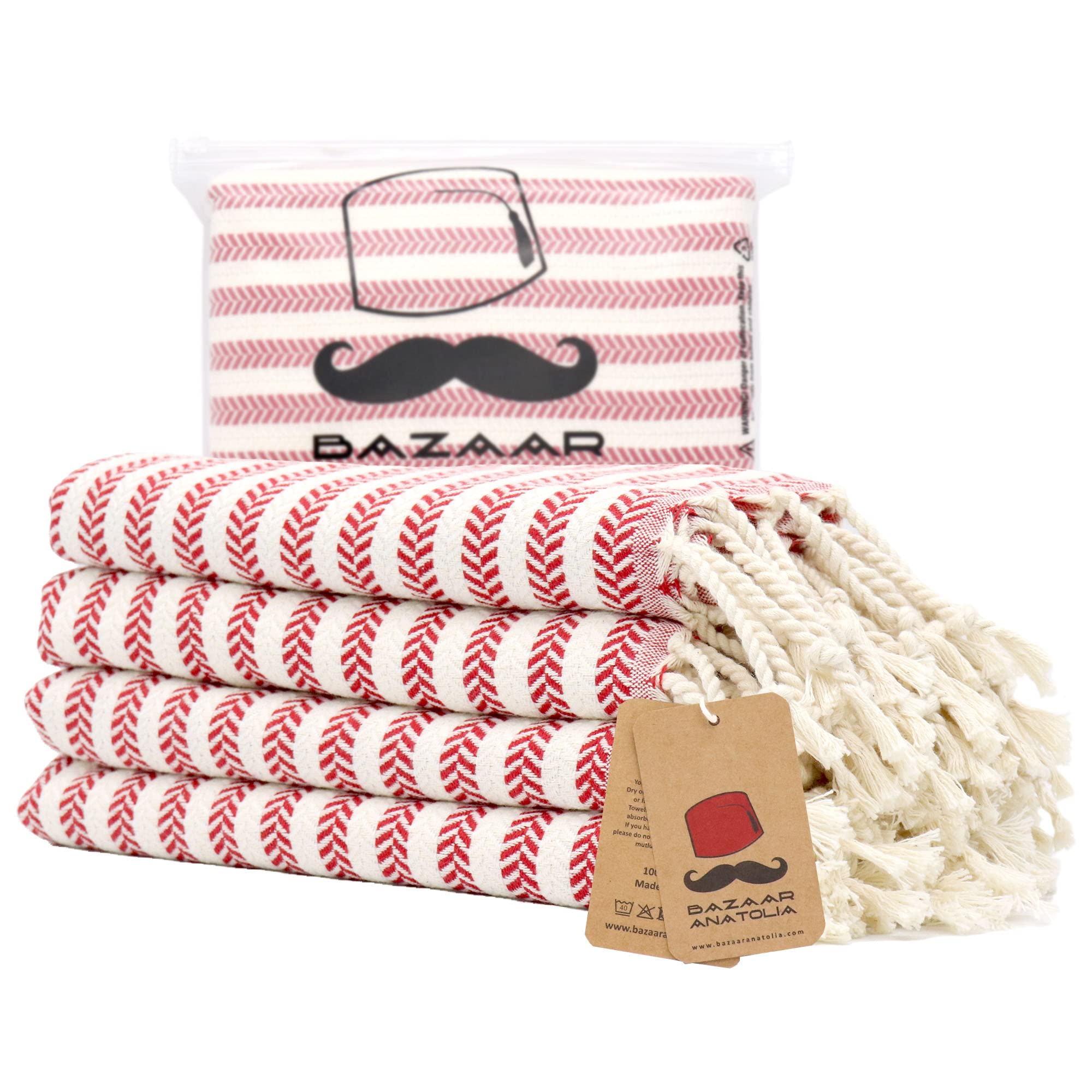 Bazaar Anatolia Turkish Hand Towels Set of 4 Bathroom Towels 39x19 inches 100% Cotton Bath Kitchen Towels with Hanging Loop Boho Farmhouse Decor - Arpa Red