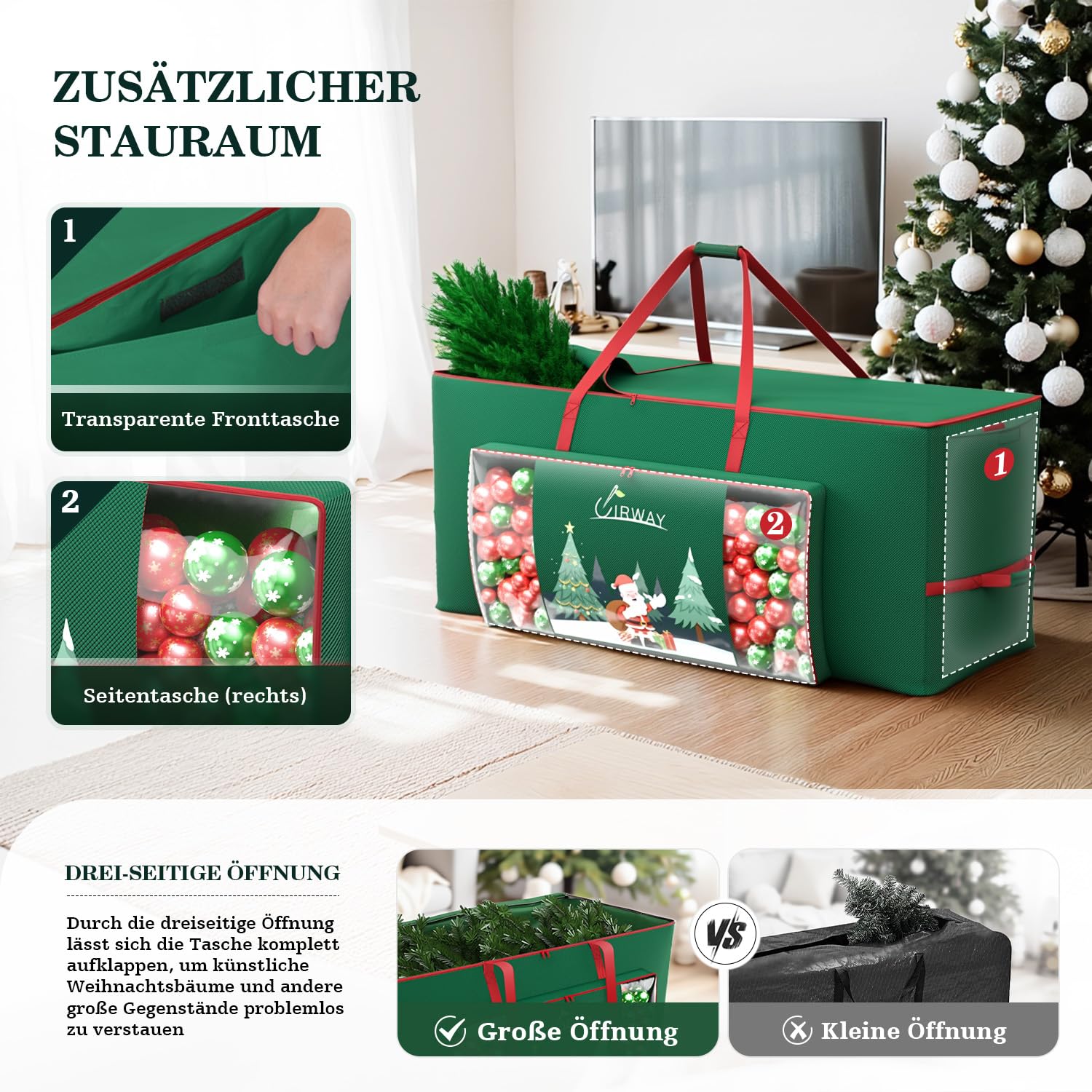 UIRWAY Weihnachtsbaum Aufbewahrung für 230cm Weihnachtsbaum, 600D Oxford Tannenbaum Tasche mit Transparente Fronttasche und Seitentasche, Stabilen Griffen und Doppeltem Reißverschluss (Grün)