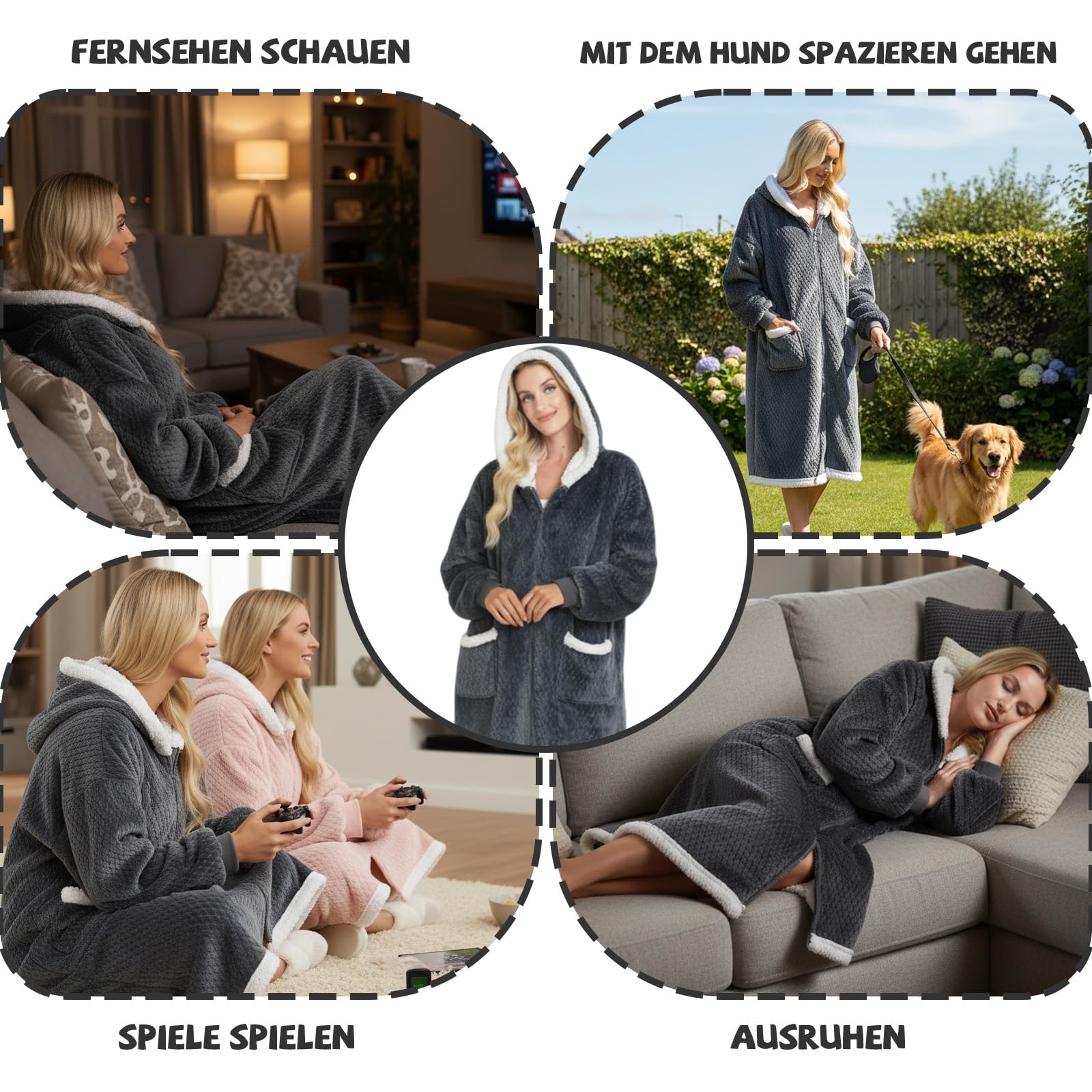 Coperta con maniche e cappuccio, coperta in pile con cappuccio con cerniera e tasche, grigio scuro, Taglia unica