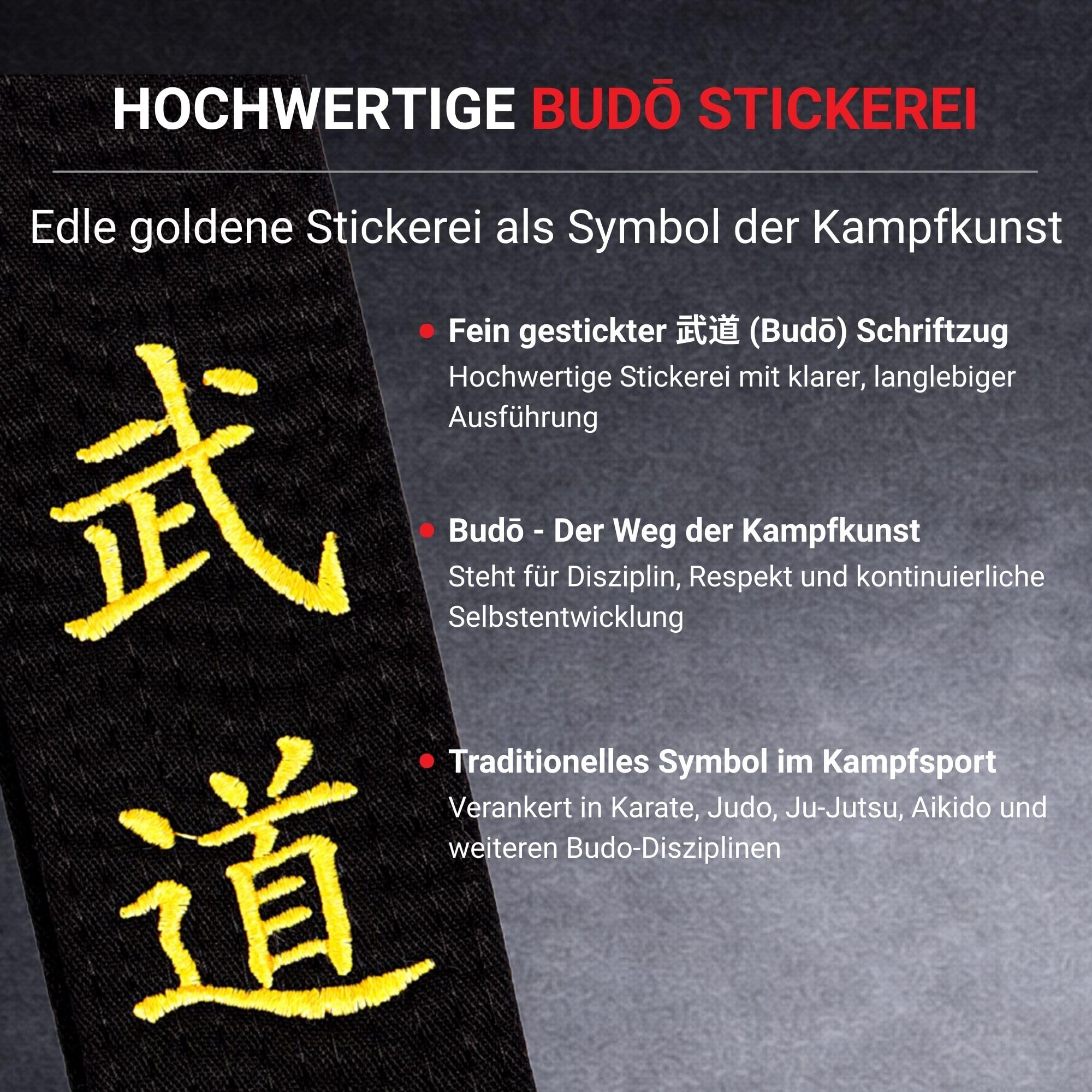 Schwarzgurt Karate/Judo/Ju Jutsu – Premium Budogürtel 5 cm breit mit 11 Nähten & Goldener Stickerei (Budo) – Schwarzer Gürtel Kampfsport für Karate, Judo, Taekwondo & BJJ