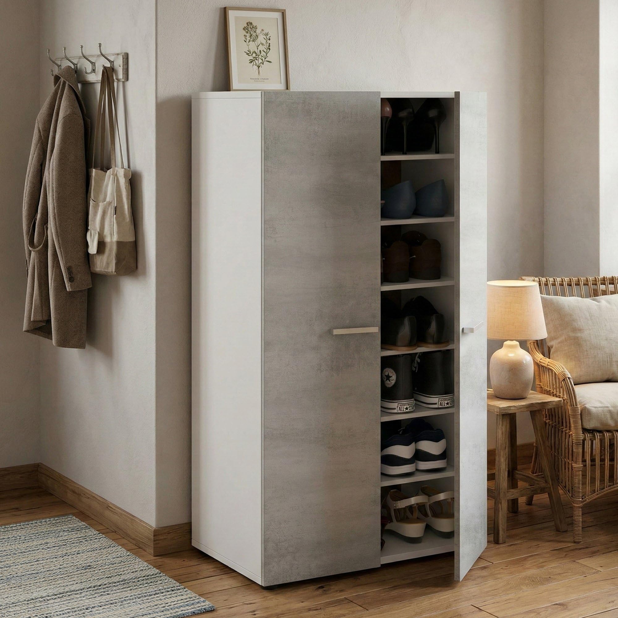 Dmora - Armadio multiuso 2 ante Norwalk, Armadio porta scarpe, Mobile basso con 6 ripiani, Scarpiera bassa moderna, 55x36h103 cm, Bianco e Cemento