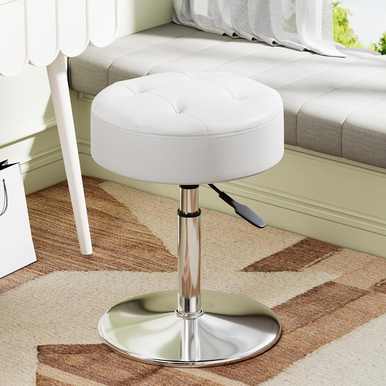 Vanity Stool with Adjustable Height, 360°Swivel PU Leather Ottoman Chair for Adults, Round Padded Makeup Stool with Stable Support for Vanity Bedroom, Bathroom, Dorm, White