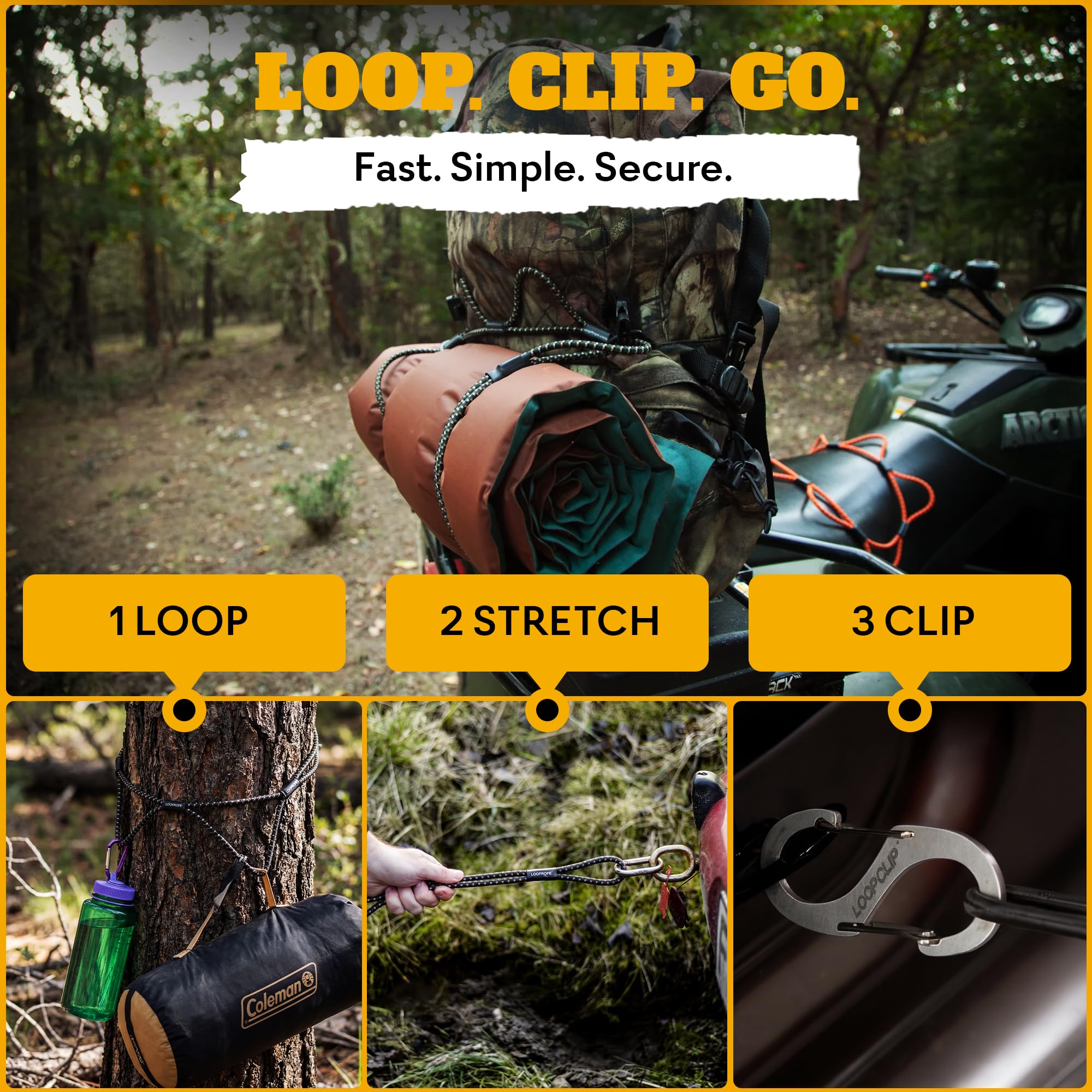 Zestaw linek ze szlufkami, system napinający bungee, regulowany pas ładunkowy, bez węzłów, ciężarówka, RV, ATV, kemping, akcesoria outdoorowe, pętla, Clip & Go w zestawie 91,2 m, linki 152 cm i 6