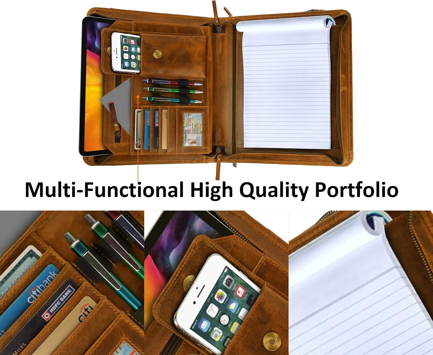 Top Grain Leather Portfolio Business Padfolio Document Organizer with Writing Pad Resume Interview Professional Zipper Writing Notepad Folder for Men Women