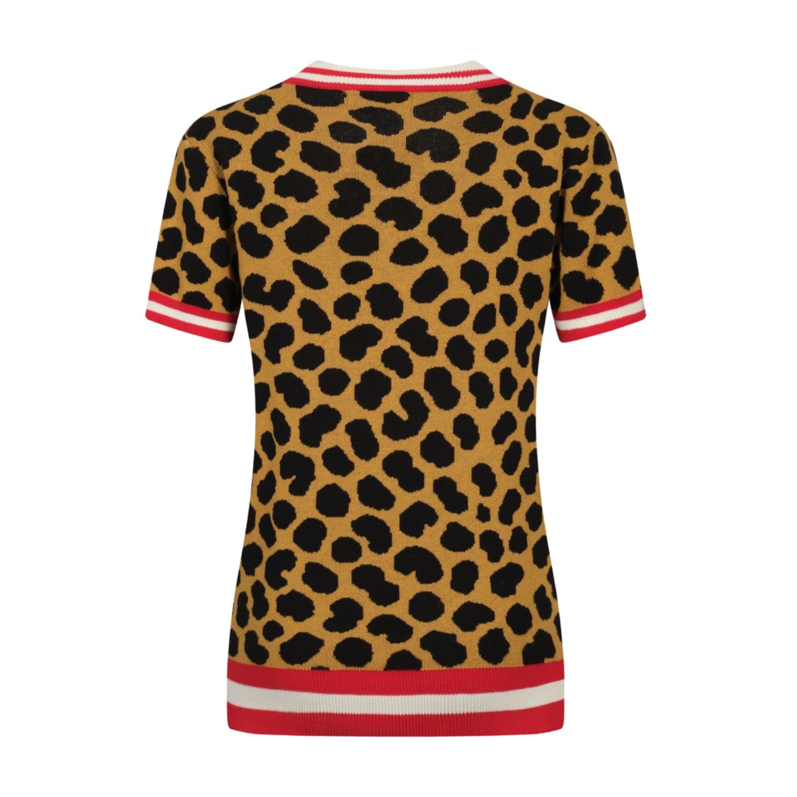 OXKNIT Camiseta de manga corta para mujer, estilo retro, marrón, cuello de pico, camiseta de punto de algodón con leopardo jacquard
