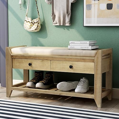 Miniatura 12 de P PURLOVE Banco de almacenamiento de entrada con zapatero acolchado con 2 cajones y estante de almacenamiento, color blanco Blanco,Azul marino