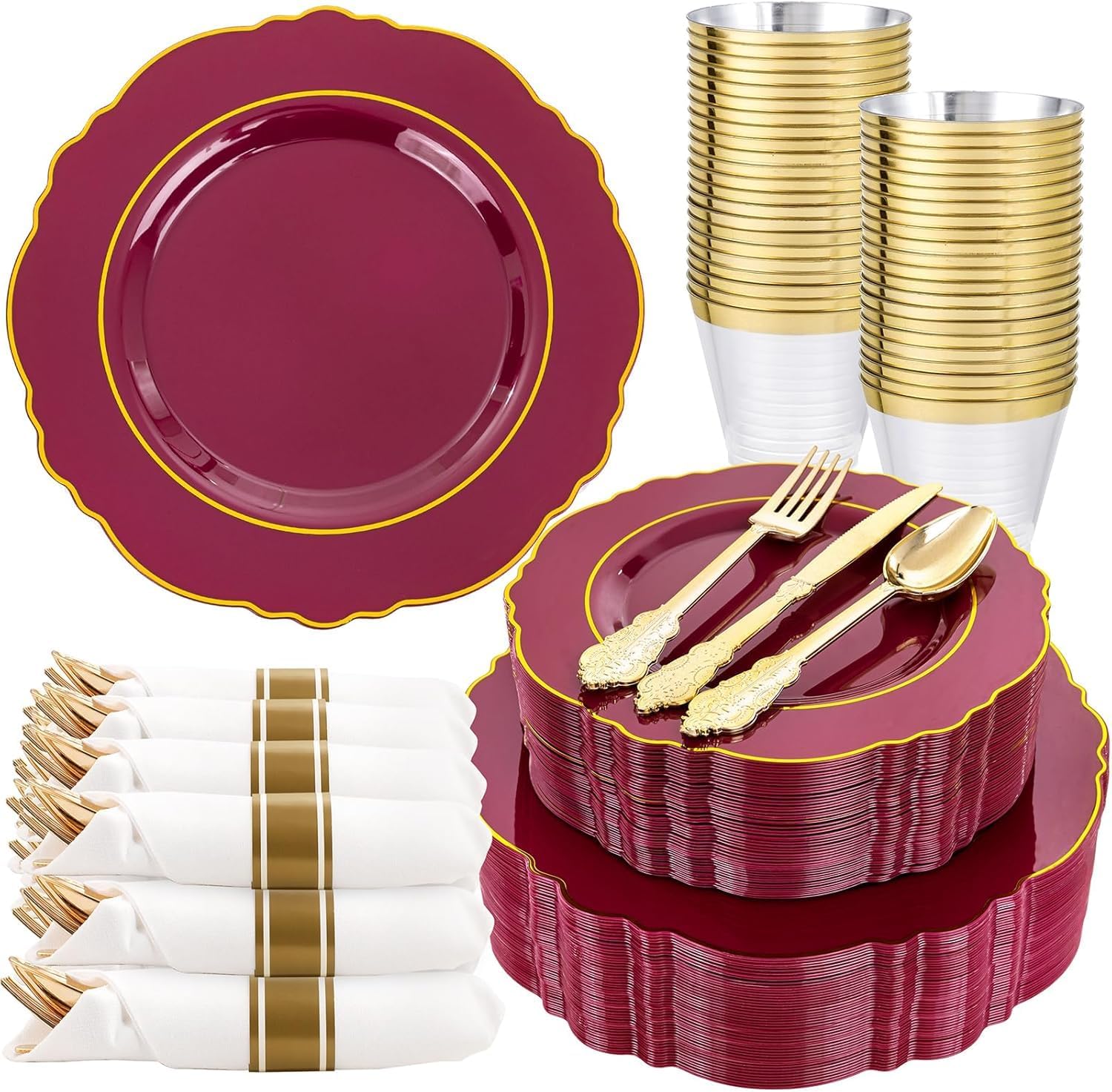 Liacere 350PCS Red Plastic Plates-Disposable Burgundy Red and Gold Plates 50guest Baroque Plastic Dinnerware include 100Plates, 50Pack Pre Rolled Napkins with Silverware 50Cups for Wedding&Mothers Day