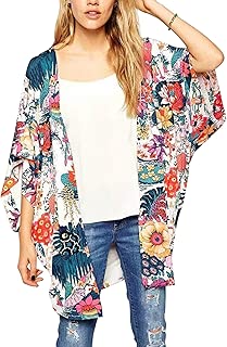 Hibluco Women's Sheer Chiffon Floral Kimono Cardigan Long Blouse Loose Tops Outwear - coolthings.us