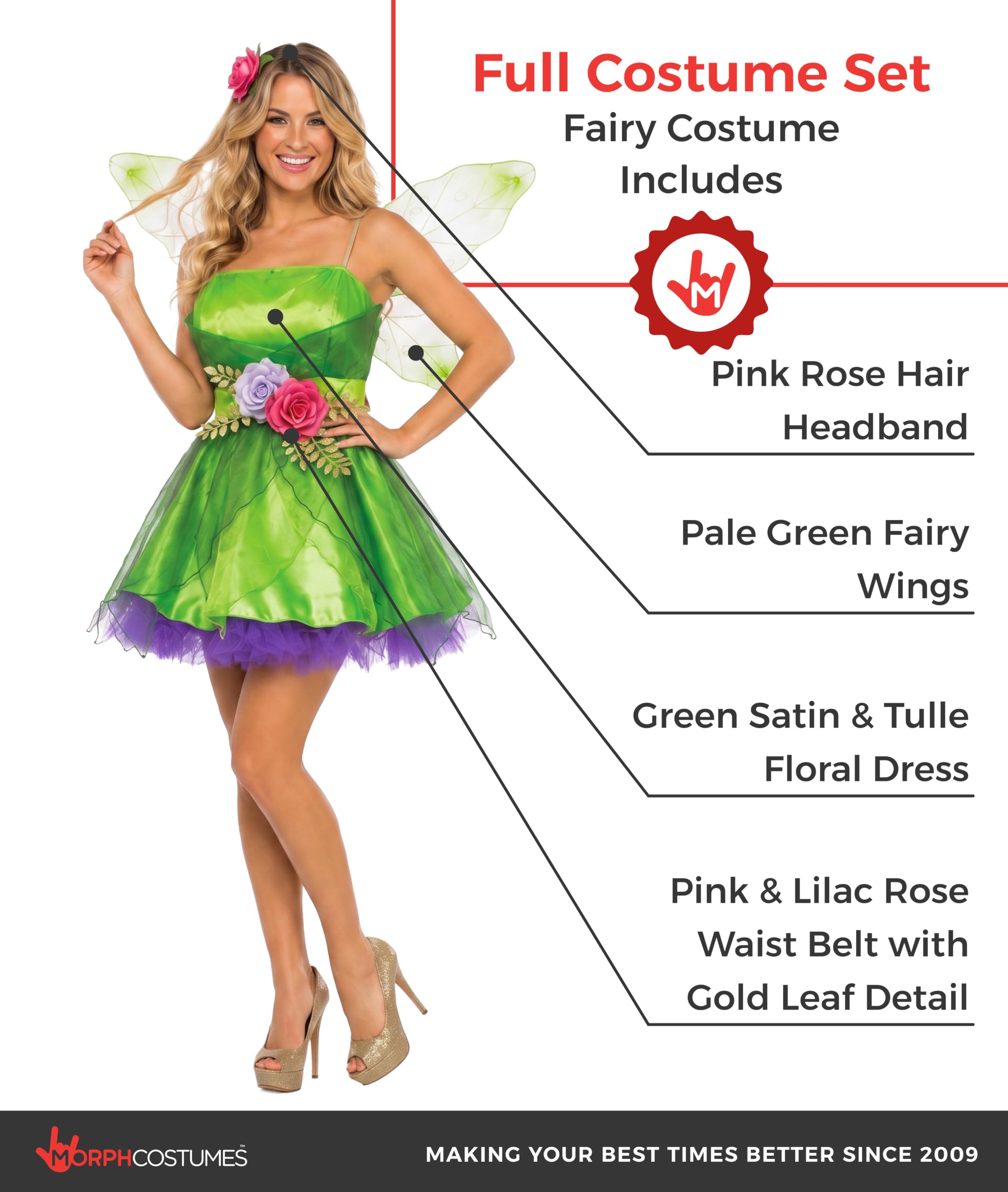 Fun Shack Deguisement Fee des Bois Femme, Costume Fee Halloween Femme | Robe Verte, Ceinture, Ailes Scintillantes & Bandeau, Look de Fée des Bois, Parfait pour Halloween, Idéal pour se Déguiser