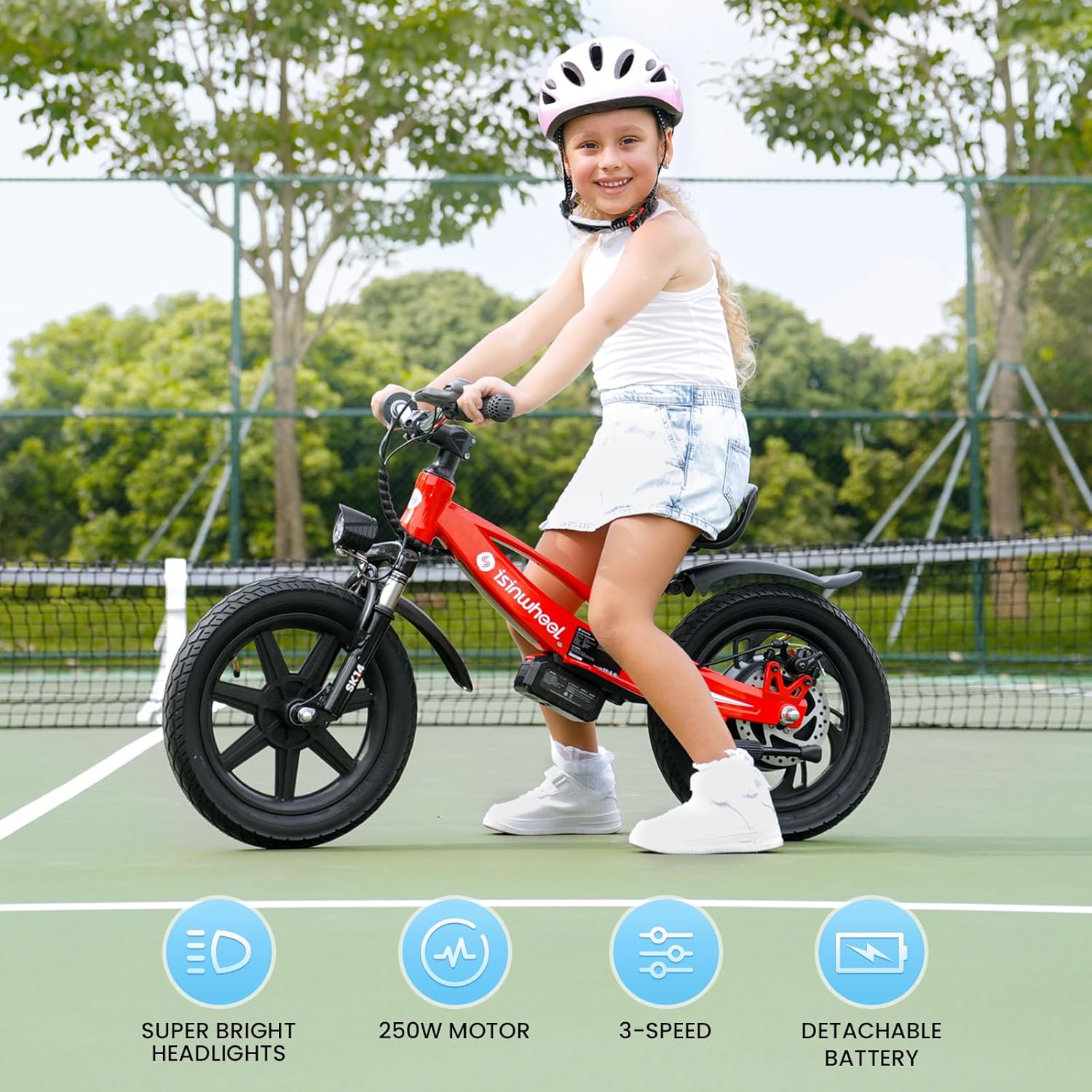 A young girl riding the red isinwheel SK14 electric bike on a tennis court, with icons indicating super bright headlights, 250W motor, 3-speed, and detachable battery.