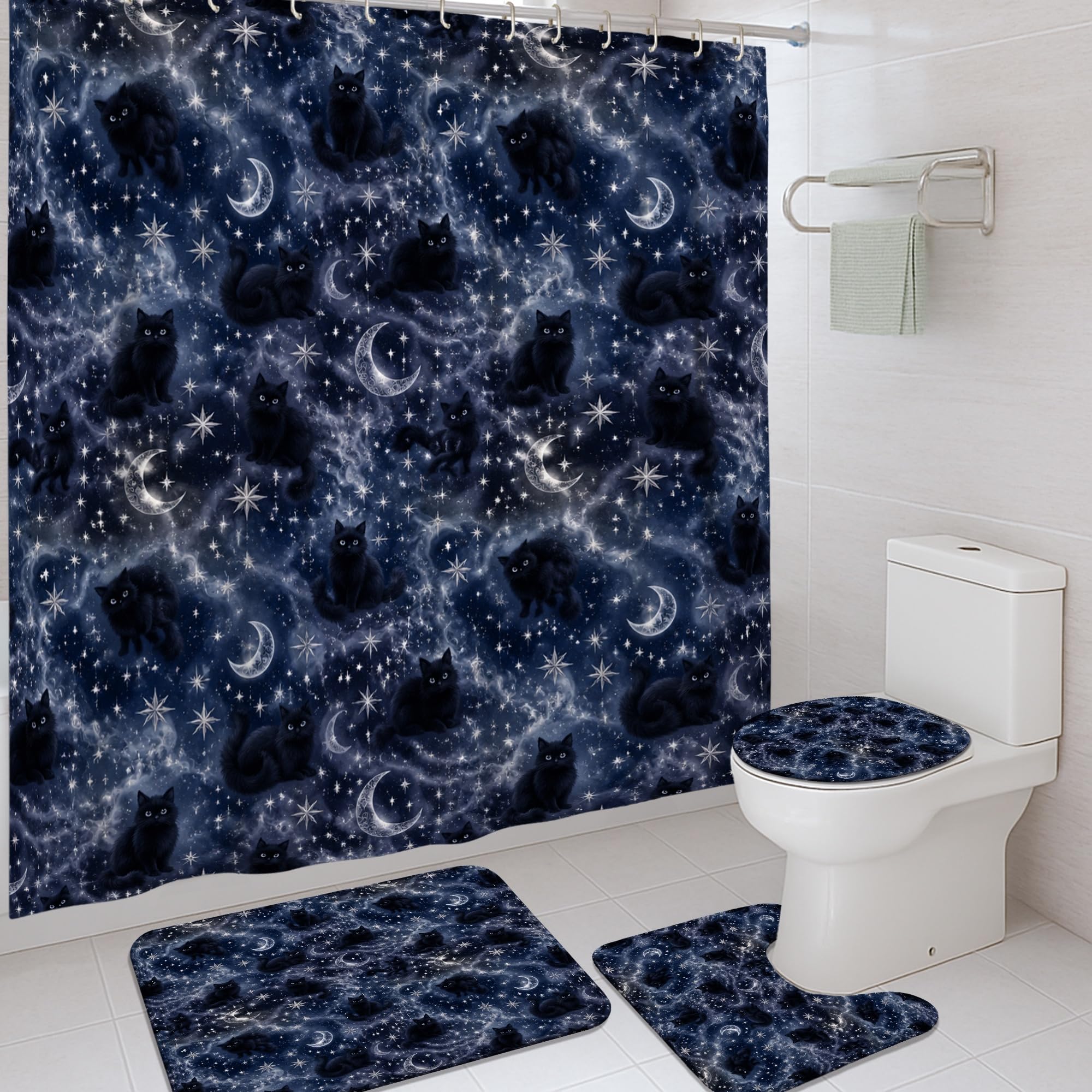 Rideau de douche chat mystique en toile haut de gamme bleu marine 183 x 183 cm avec ses crochets