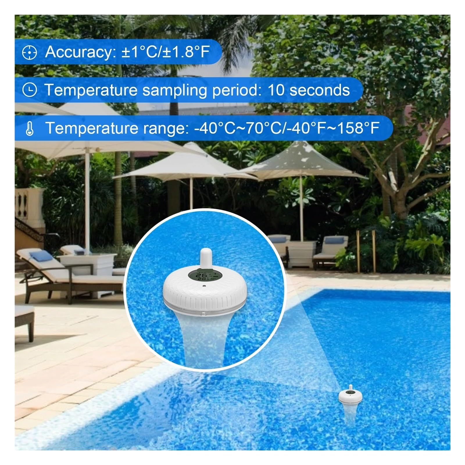 Termómetro flotante inalámbrico for piscina, IPX7, digital, resistente al agua, for estanques, acuarios, jacuzzis y piscinas(Bluetooth Version)