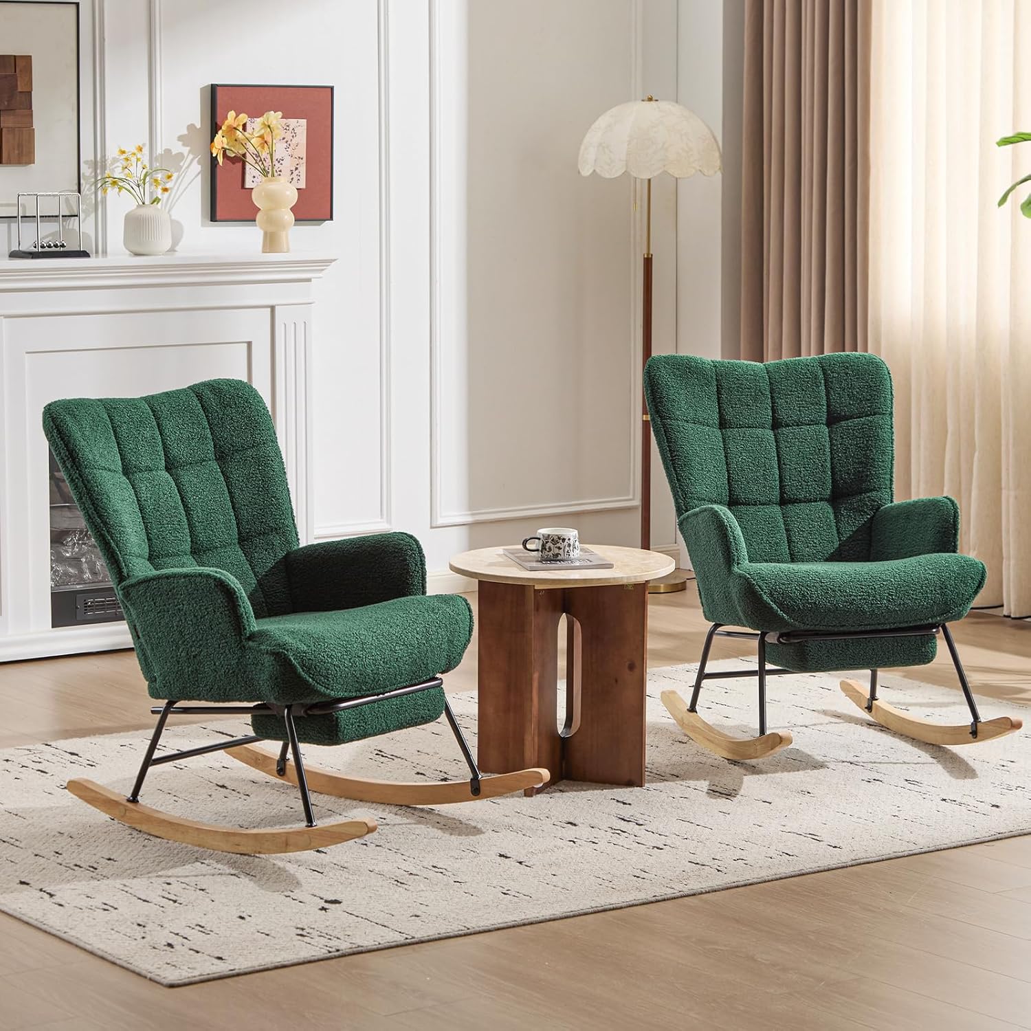 Furniliving Nursery Rocking Chair Upholstered Glider Rocking Chair Modern Accent Chair with Retractable Footrest Reading Chair with High Backrest Comfy Chair for Living Room, Green, Teddy, 2PCS