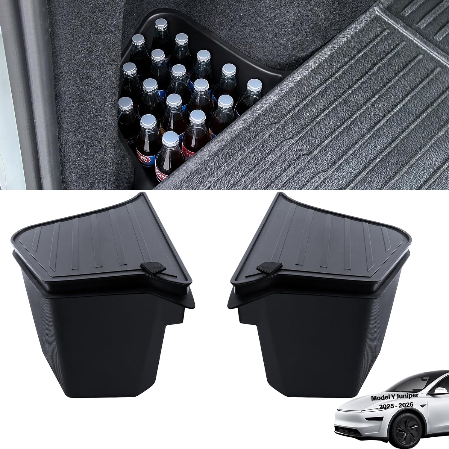 for Model Y Juniper Trunk Storage Bins with Lids 2PCS Trunk Rear Side Cargo Organizer Boxes Custom Fit Model Y Juniper Interior Accessories 2025 2026 Black TPE Waterproof