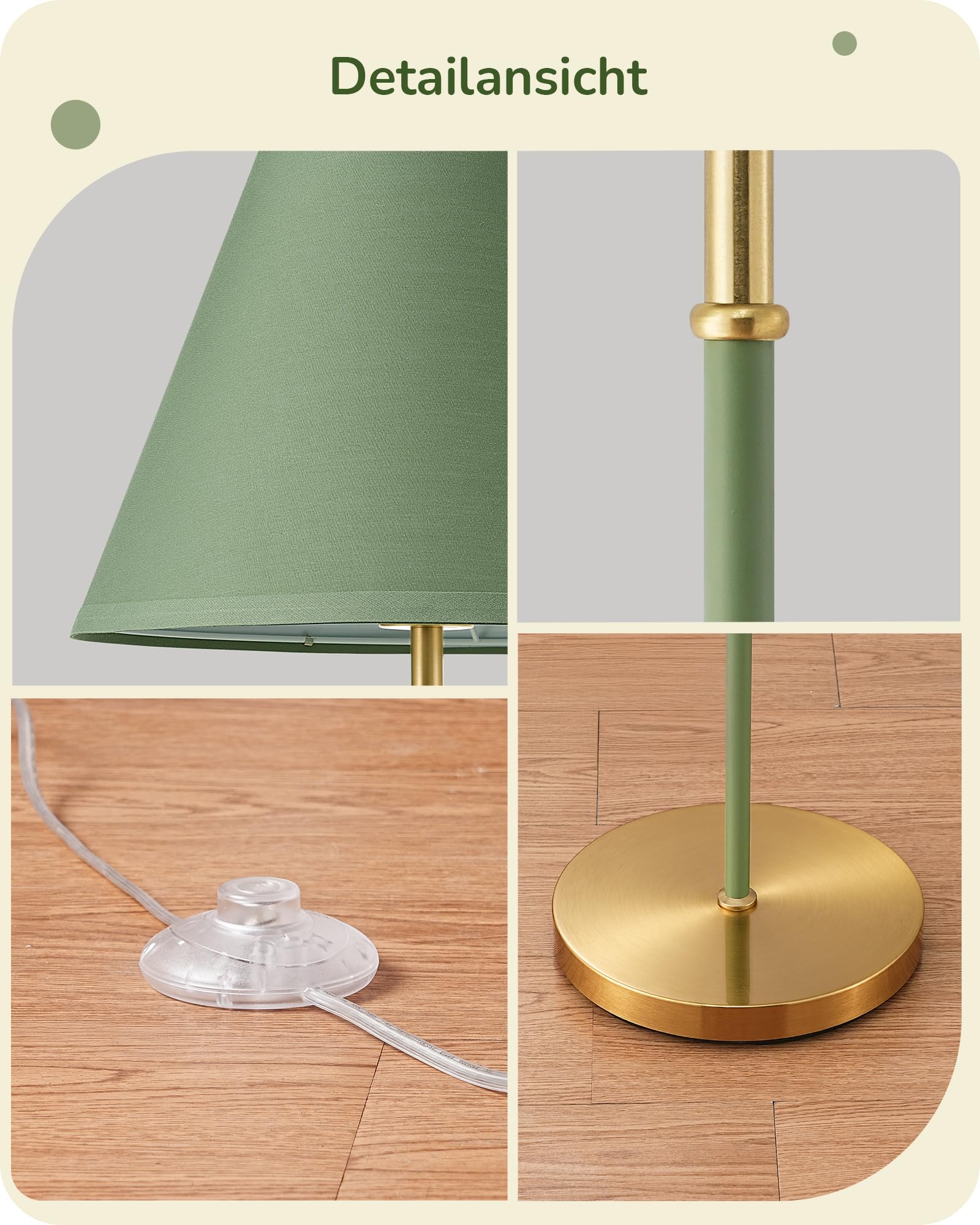EDISHINE Stehlampe Wohnzimmer, Baumwoll-Leinenschirm, Retro, 2700K, Grün