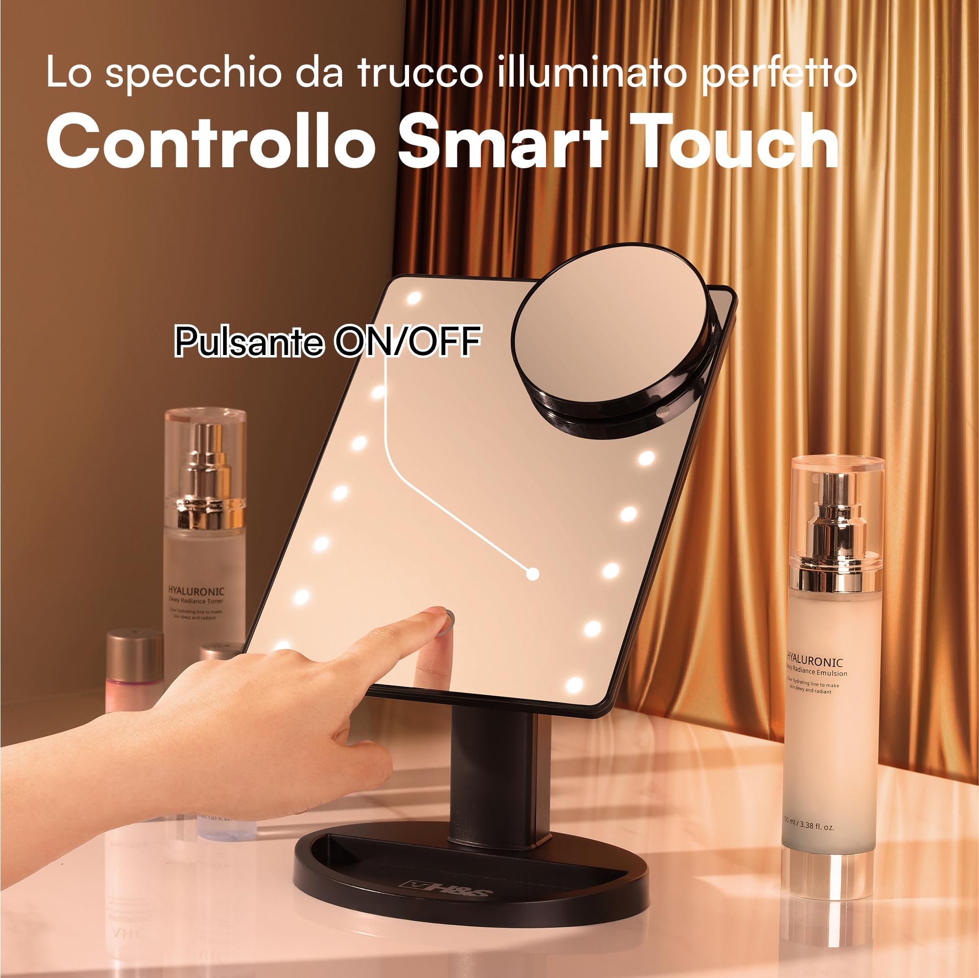 H&S Specchio Trucco con Luci LED Luminose - Specchi Regalo Donna e Uomo Regolabili - Specchio Makeup Rotondo a Punti di Ingrandimento 10x - Specchietto con Luce Trucco