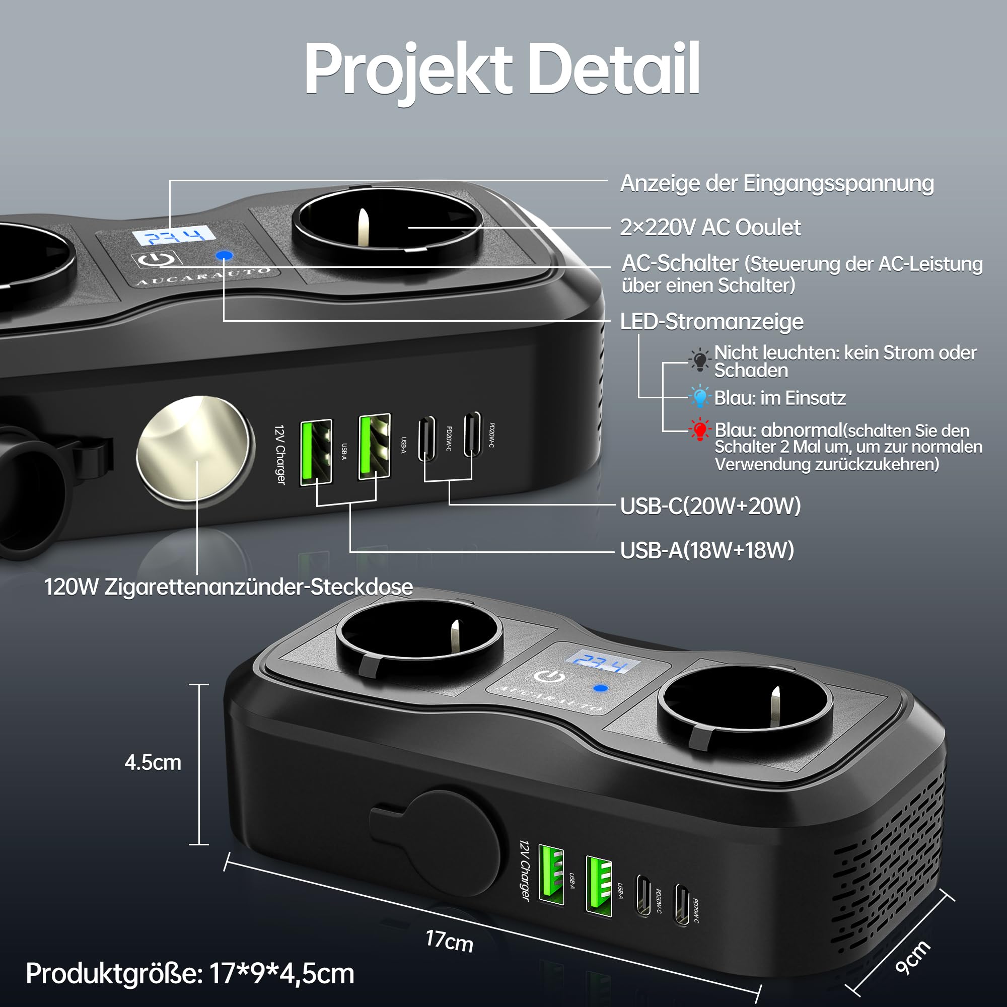 7in1 Wechselrichter 12V auf 230V, 200W Auto Spannungswandler Stromwandler mit 2 Steckdosen und 4 USB-C USB-A Ports Schnelles Aufladen KFZ Ladegerät mit Zigarettenanzünderstecker für Laptop