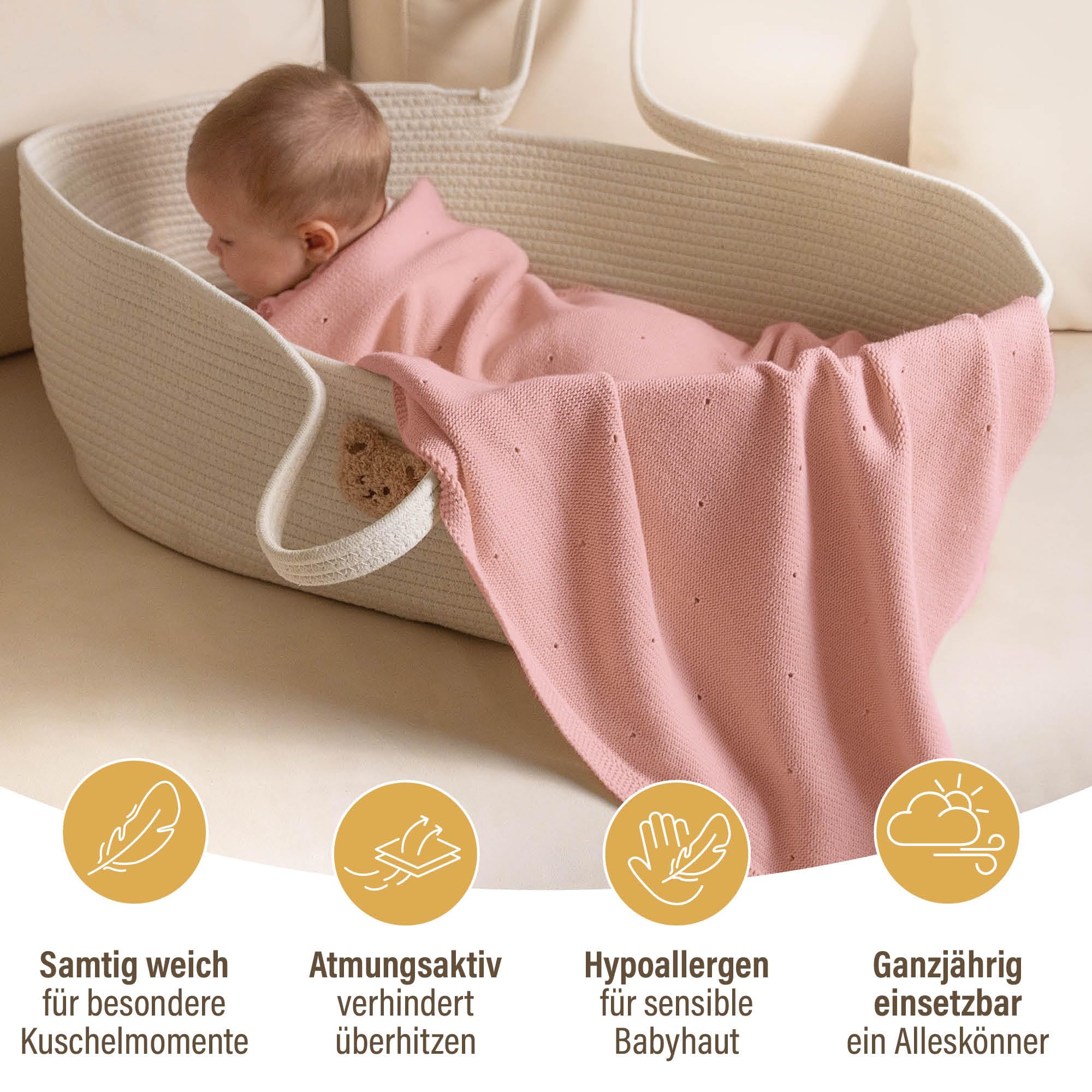 Merle Toys® Premium Babydecke Baumwolle, 100% Bio - GOTS & Oeko-TEX Zertifizierte Strickdecke, Baby Decke Neugeborenen, Kuscheldecke Baby, Blanket Newborn Cotton, Babydecke Bio Baumwolle, Rosa
