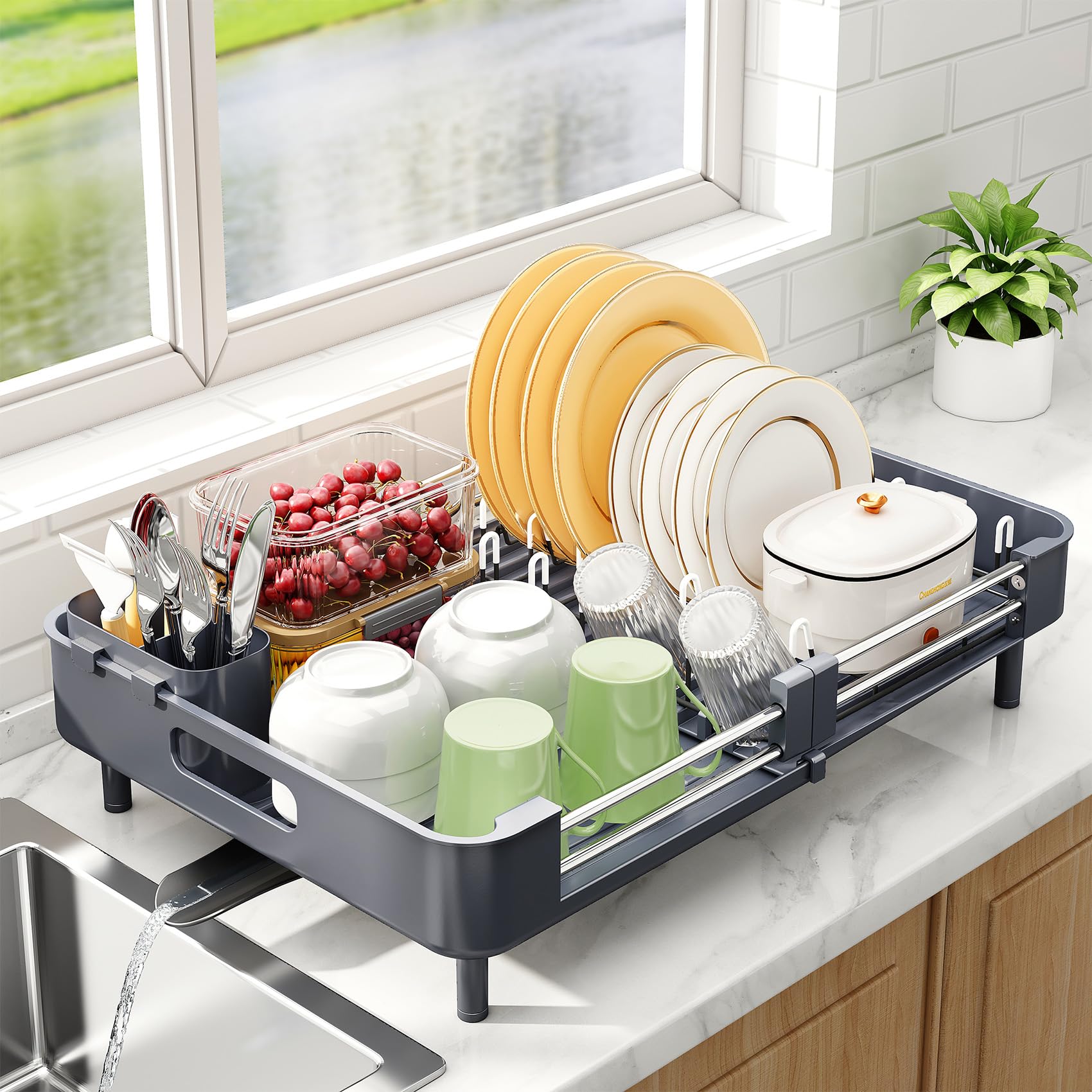 Kitstorack Escurridor De Platos Expandible, Escurreplatos Acero Inoxidable con Soporte Extraíble para Cubiertos, Pico Giratorio para Escurrir, Escurreplatos Plegable para Fregadero de Cocina, Gris