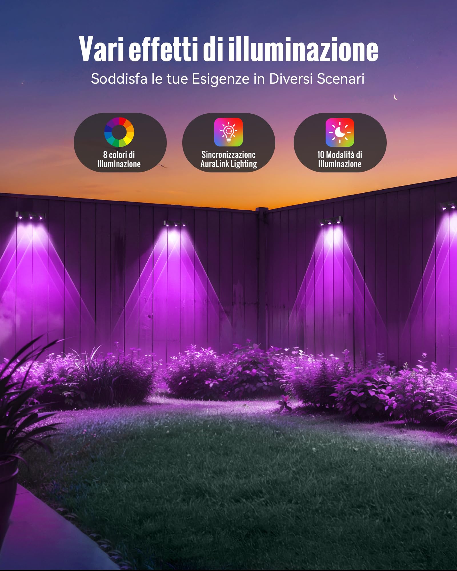 Applique Solare da Esternoper Esterni, 6 Pezzi RGB Lampada Solare da Esterno, Impermeabile IP65, 10 Modalità di Illuminazione per Decorazione da Giardino, Parete, Percorso, Veranda