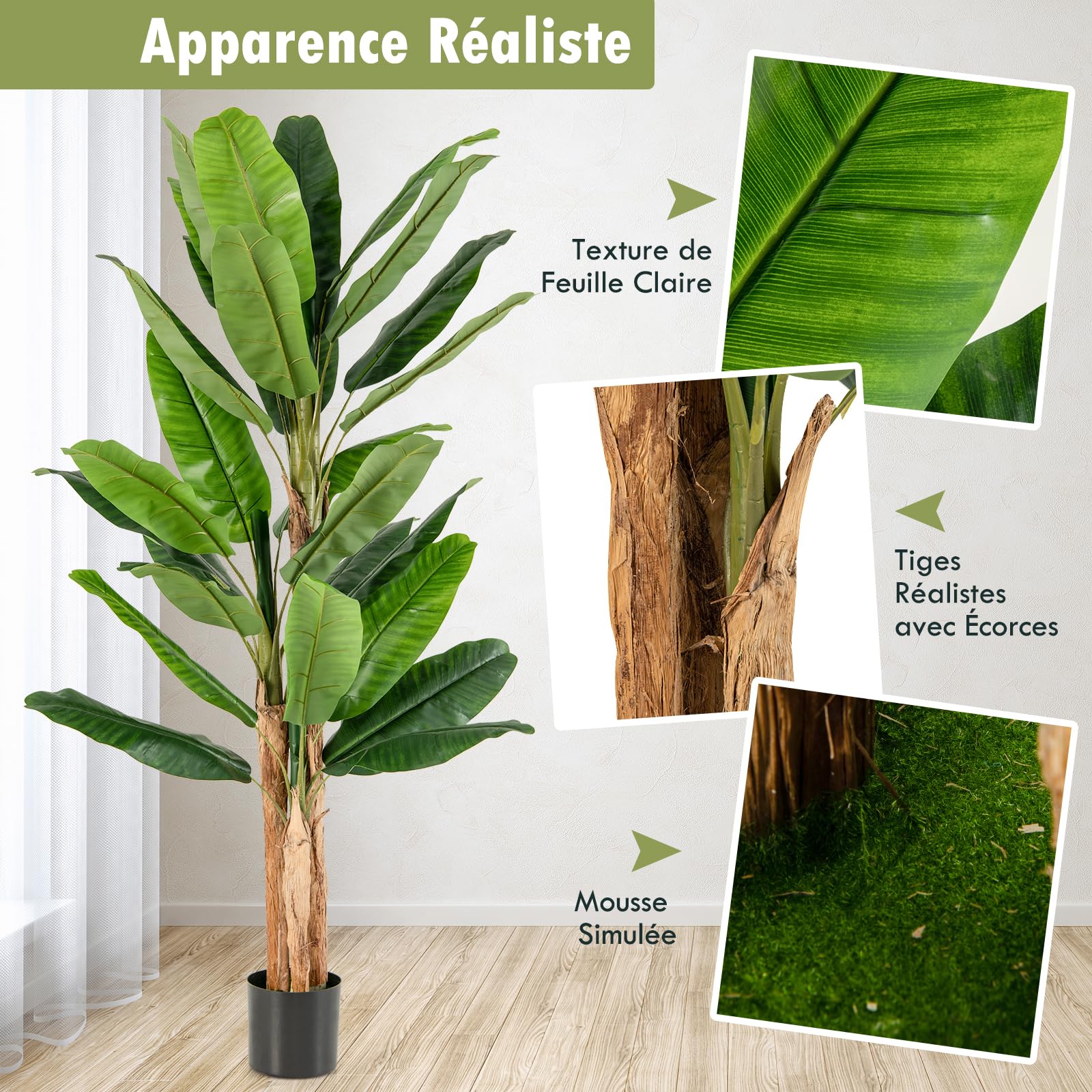 GIANTEX Plante Artificielle Intérieur, Fausse Plante Bananier 195 CM en Pot avec Ciment, 3 Tiges Réalistes & 27 Grandes Feuilles, Arbre Artificiel Intérieur Extérieur Maison Jardin Bureau
