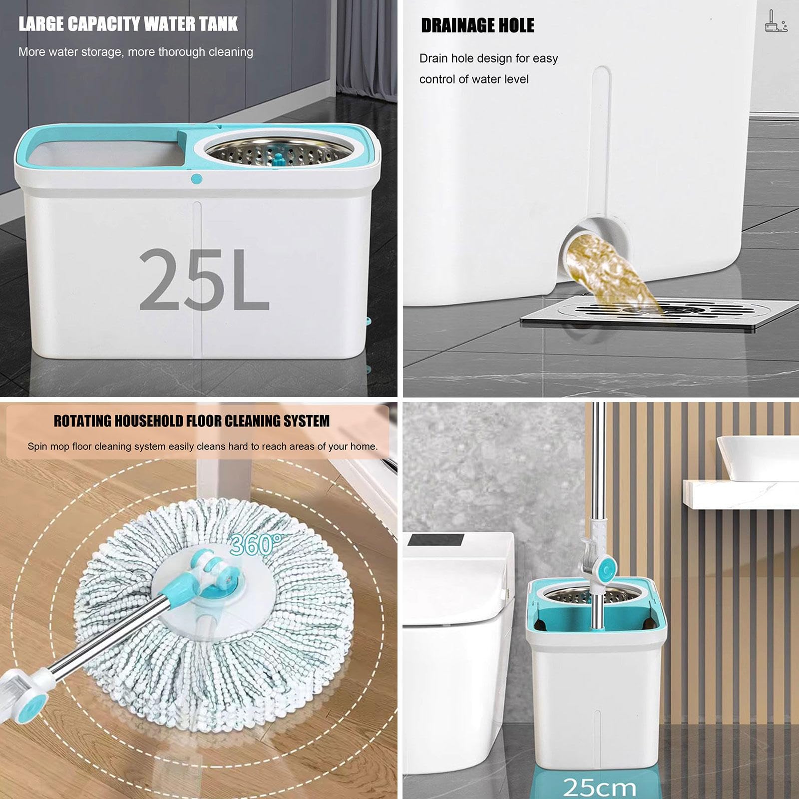 AMNOOL Juego de Fregona Giratoria y Cubeta con Escurridor - Uso Húmedo/seco en Madera Dura y Baldosas - Cubo de Fregona Autoescurrido con 7 Cabezales de Fregona Lavables de Microfibra